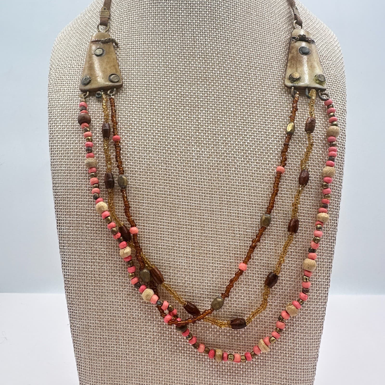 Vintage 80s Beaded Statement Necklace Tribal Artisanal Pink Earth Retro Jewelry - Thumbnail 2