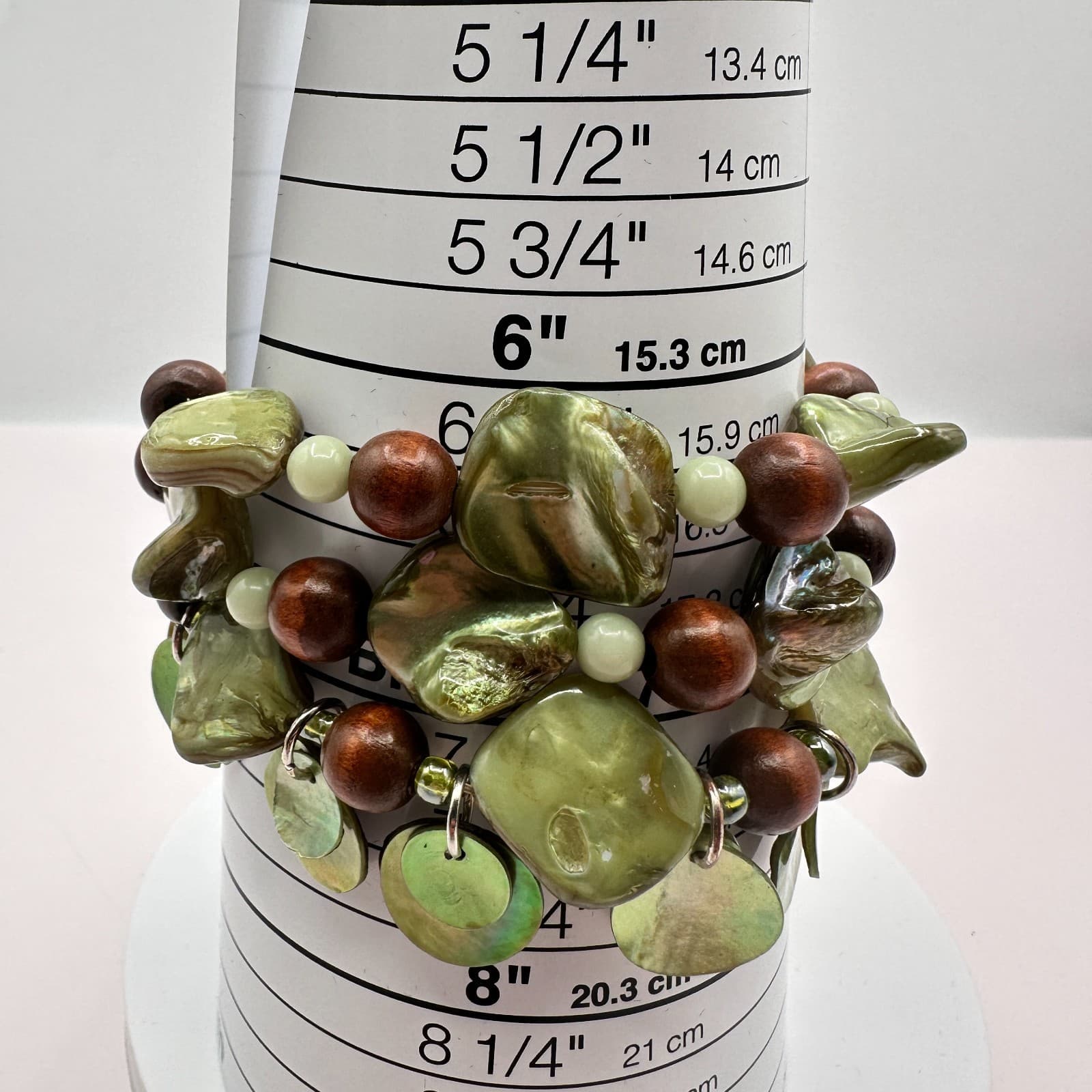 Vintage 80s Pearl Shell Bracelet Green Wood Beads Chunky Stretch Classic Jewelry - Thumbnail 8