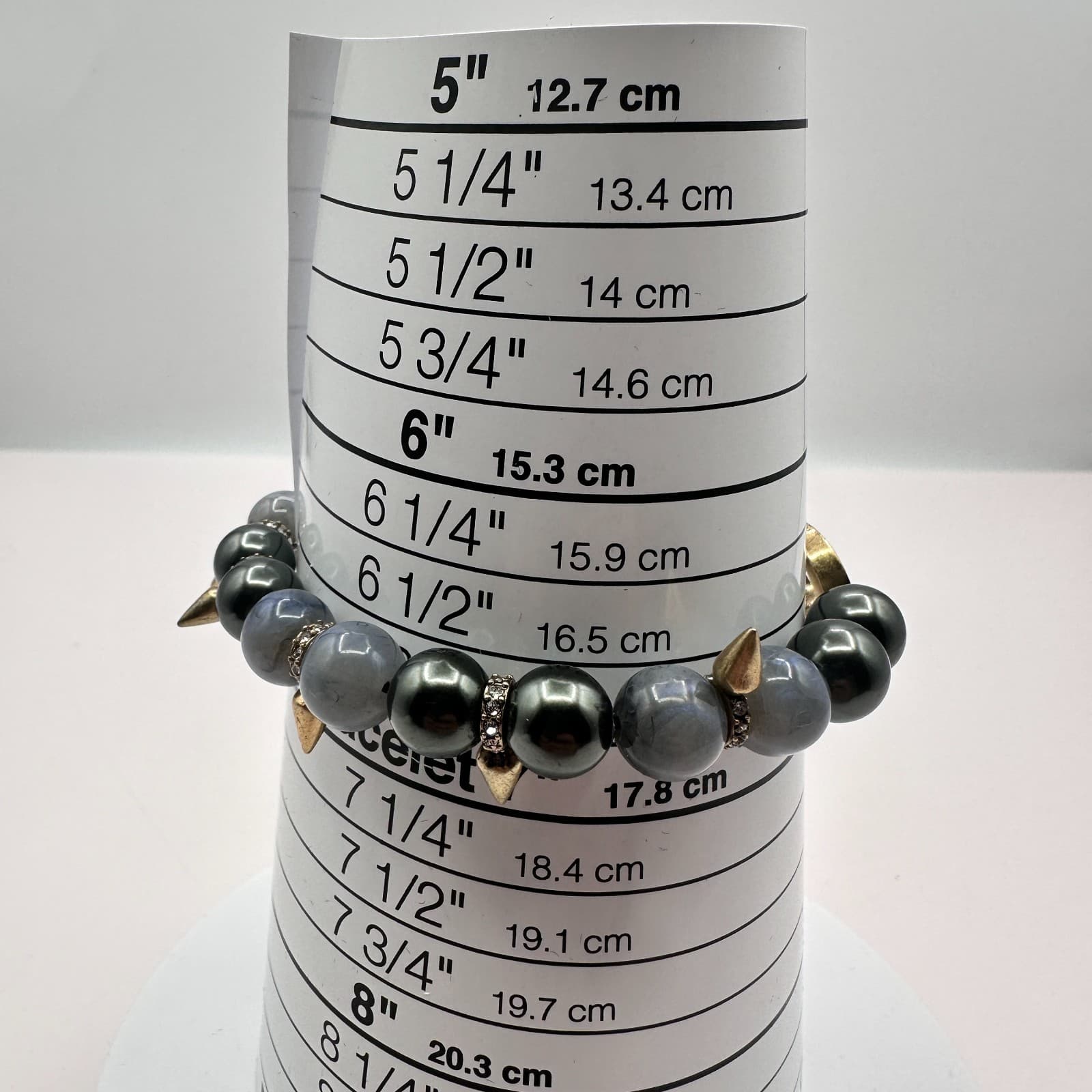 Vintage 80s Beaded Stretch Bracelet Slate Grey Hematite Gold Tone Spikes Jewelry - Thumbnail 7