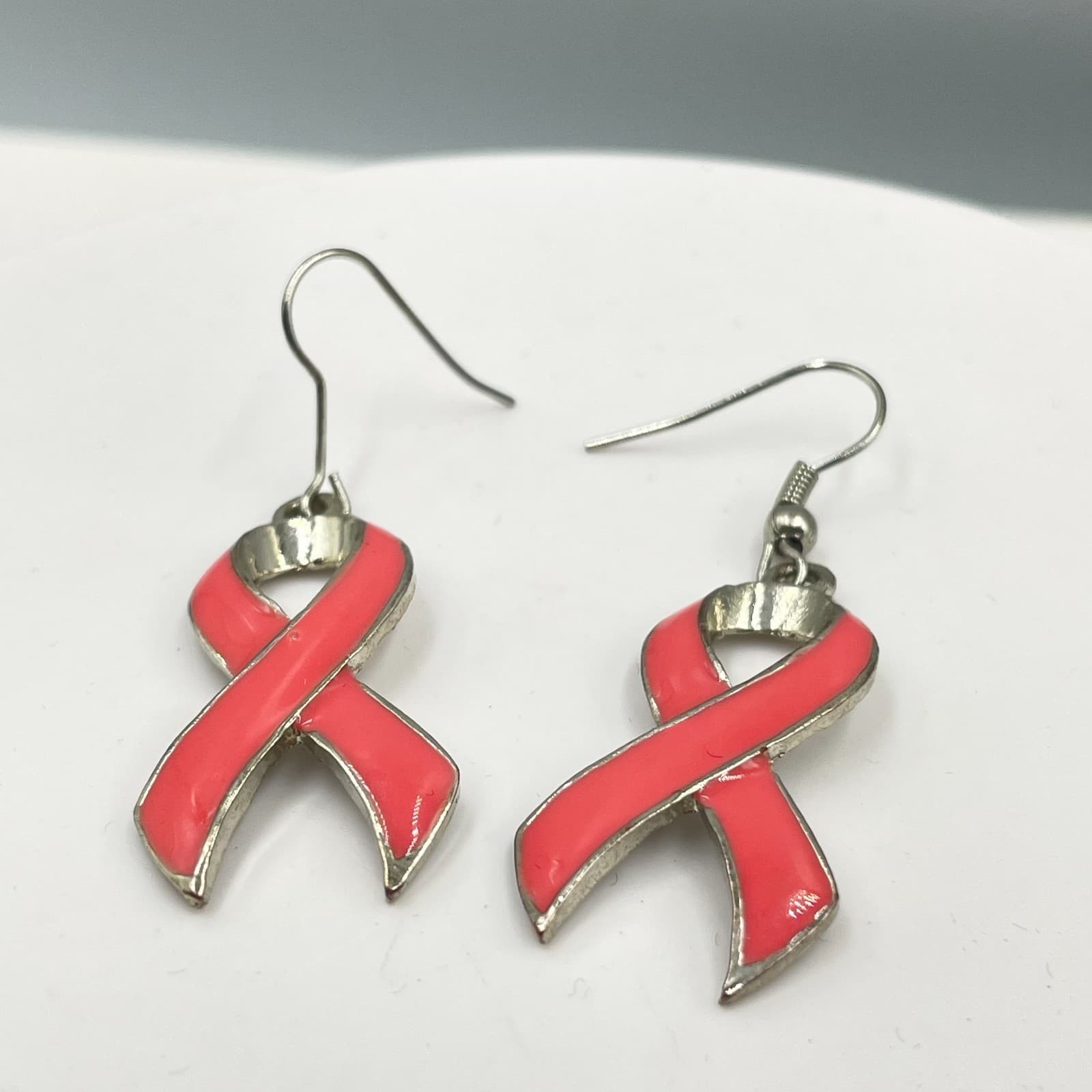 Vintage 90s Silver-Tone Pink Enamel Awareness Ribbon Dangle French Hook Earrings - Thumbnail 2