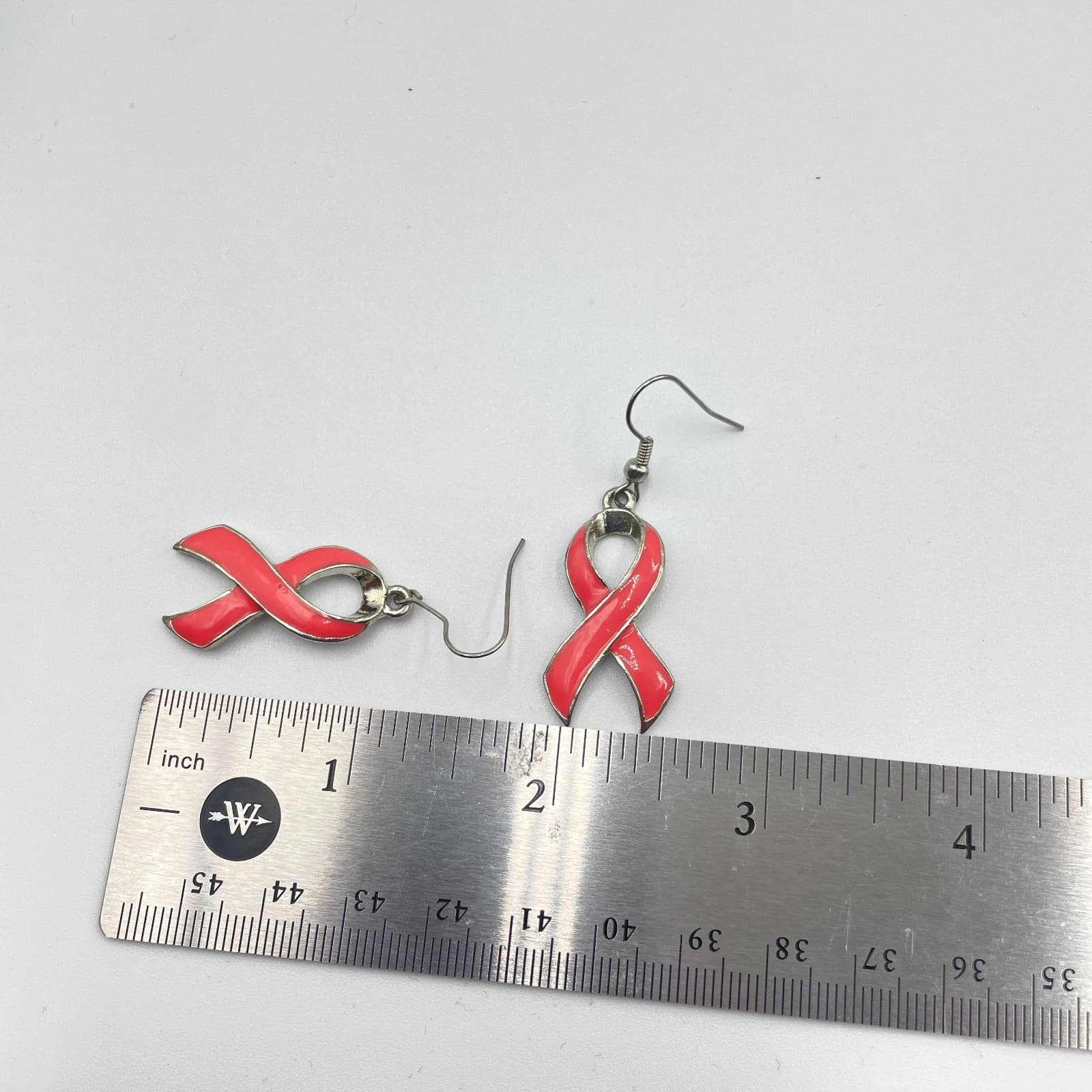 Vintage 90s Silver-Tone Pink Enamel Awareness Ribbon Dangle French Hook Earrings - Thumbnail 5
