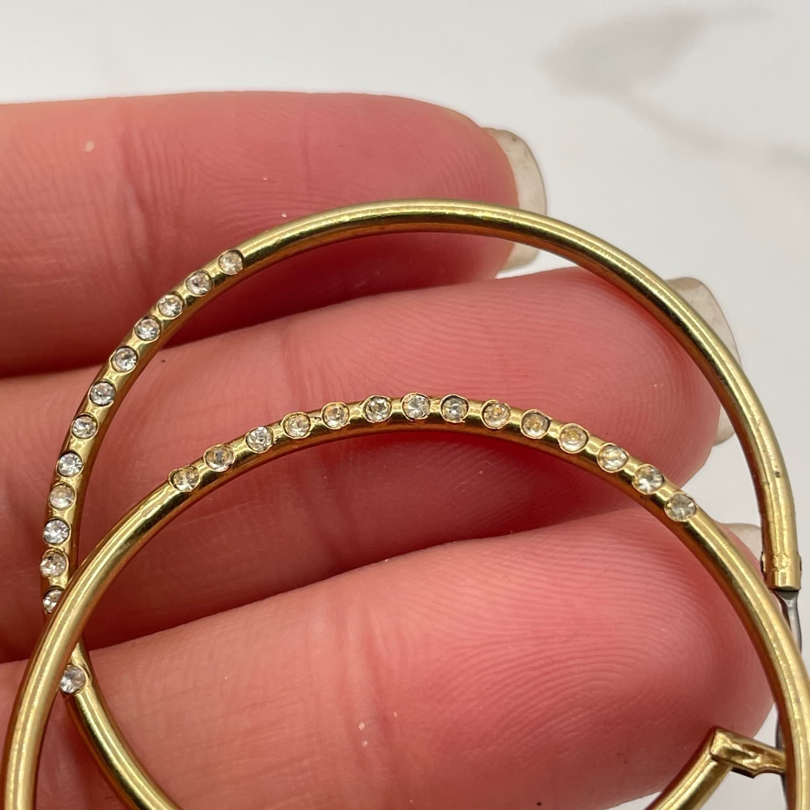 Vintage Gold-Tone Endless Hoop Earrings with Clear Rhinestones Round Fashion - Thumbnail 6