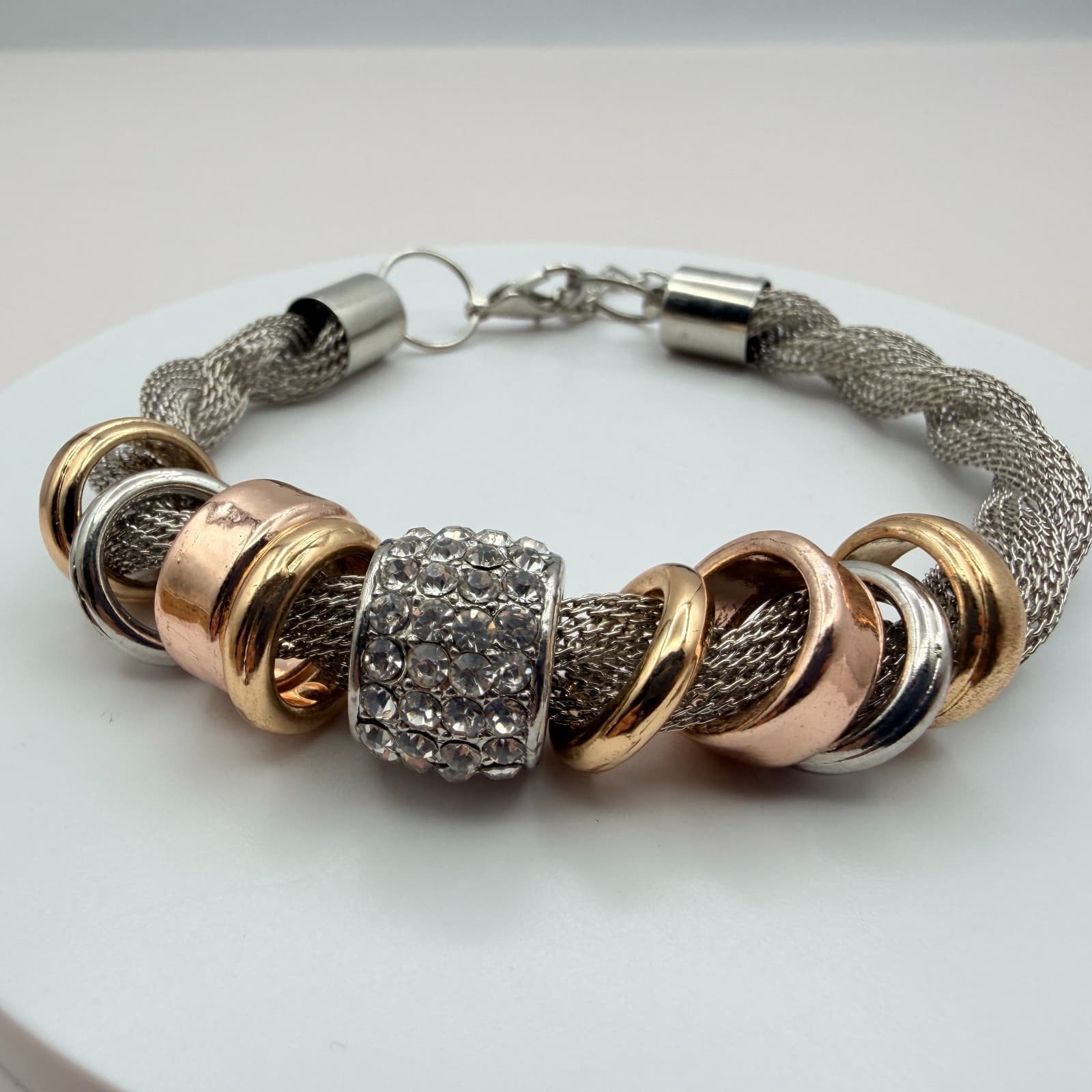 Vintage 50s Silver Tone Mesh Chain Bracelet Rhinestone Ring Charms Style Jewelry - Thumbnail 6