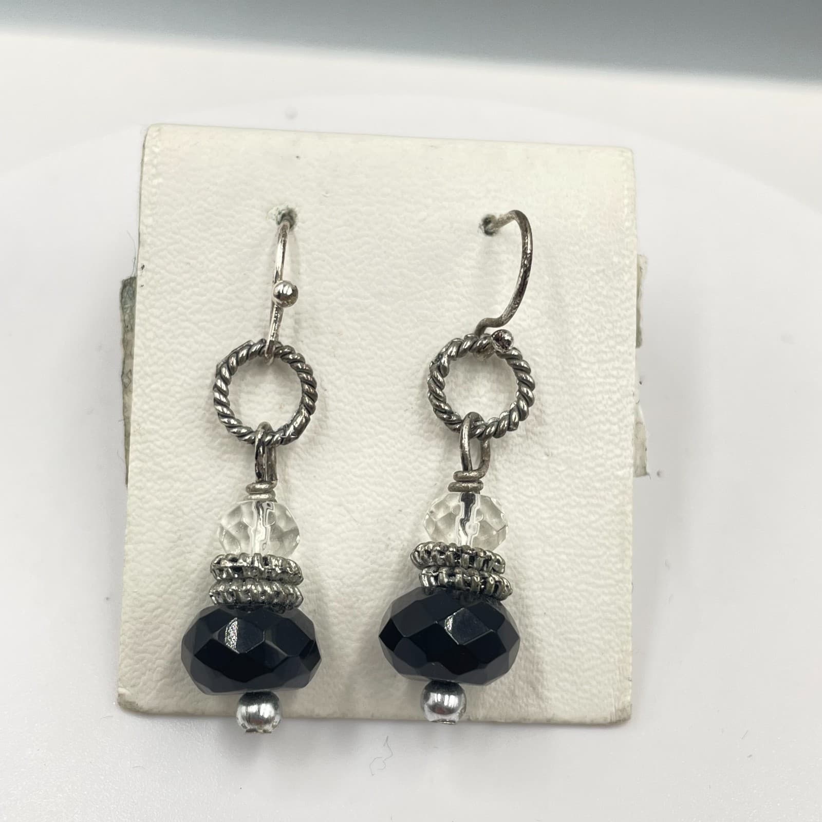 Vintage Silver-Tone Faceted Glass Beads Dangle Drop Hoops French Hook Earrings - Image 1