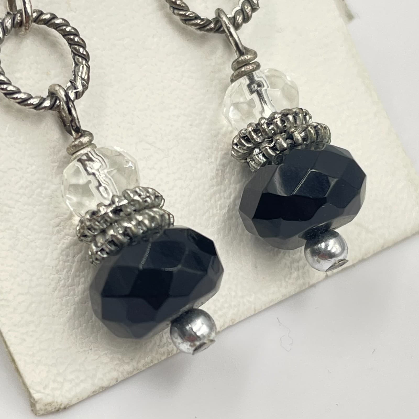 Vintage Silver-Tone Faceted Glass Beads Dangle Drop Hoops French Hook Earrings - Thumbnail 5