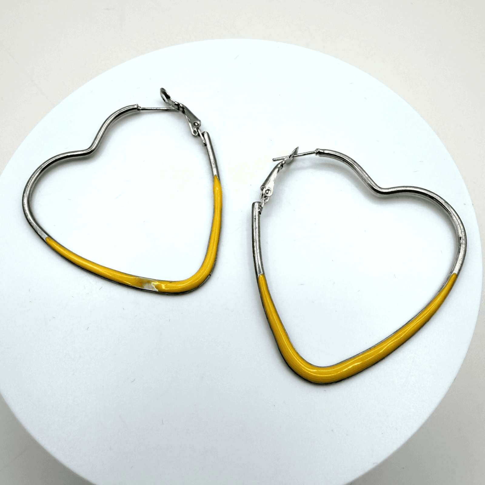 Vintage 90s Silver Tone Black Yellow Enamel Heart Hoop Earrings Women's Jewelry - Image 1