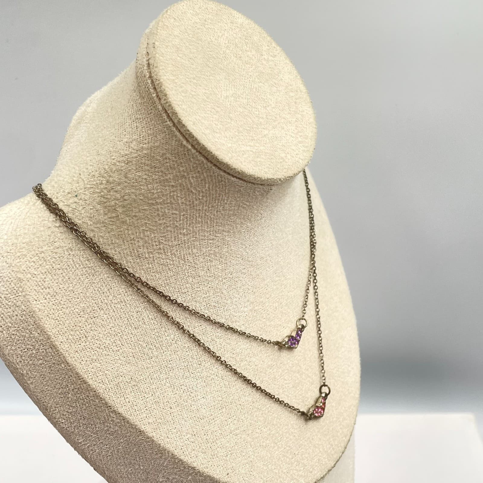 Gold-Tone Chain Double Strand Rhinestone Pave Two Heart Pendant Layer Necklace - Thumbnail 5