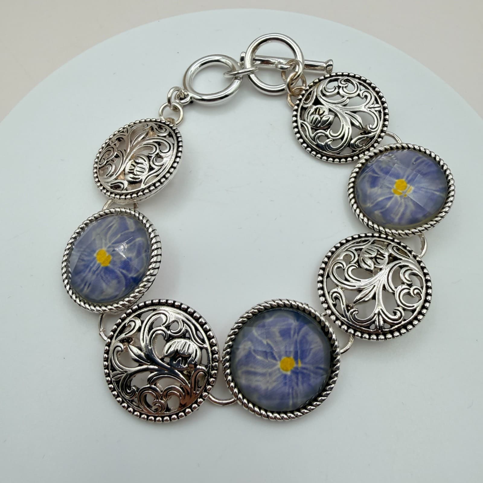 Vintage 90s Silver Tone Blue Flower Glass Cabochon Classic Fashion Jewelry Set - Thumbnail 8