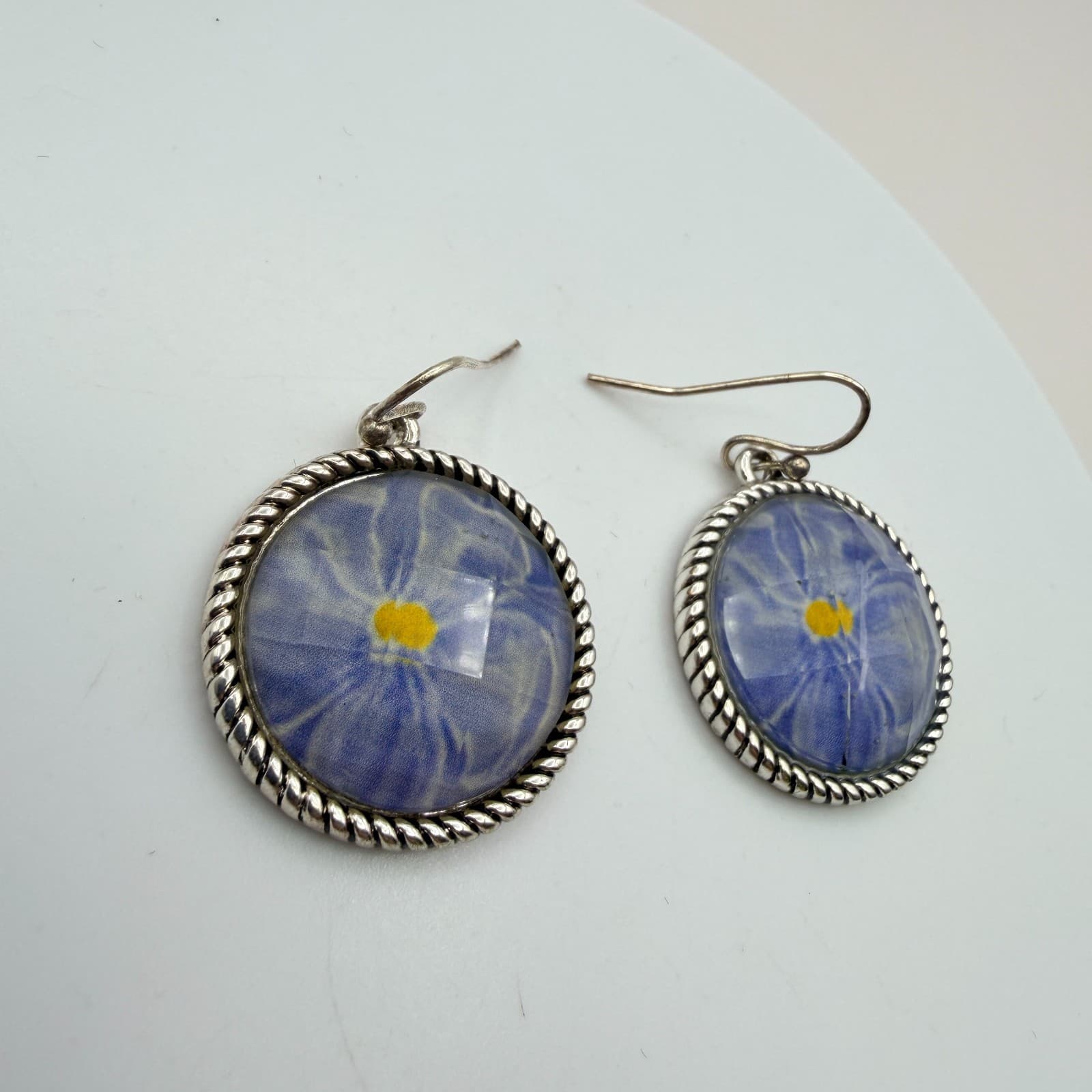 Vintage 90s Silver Tone Blue Flower Glass Cabochon Classic Fashion Jewelry Set - Thumbnail 11