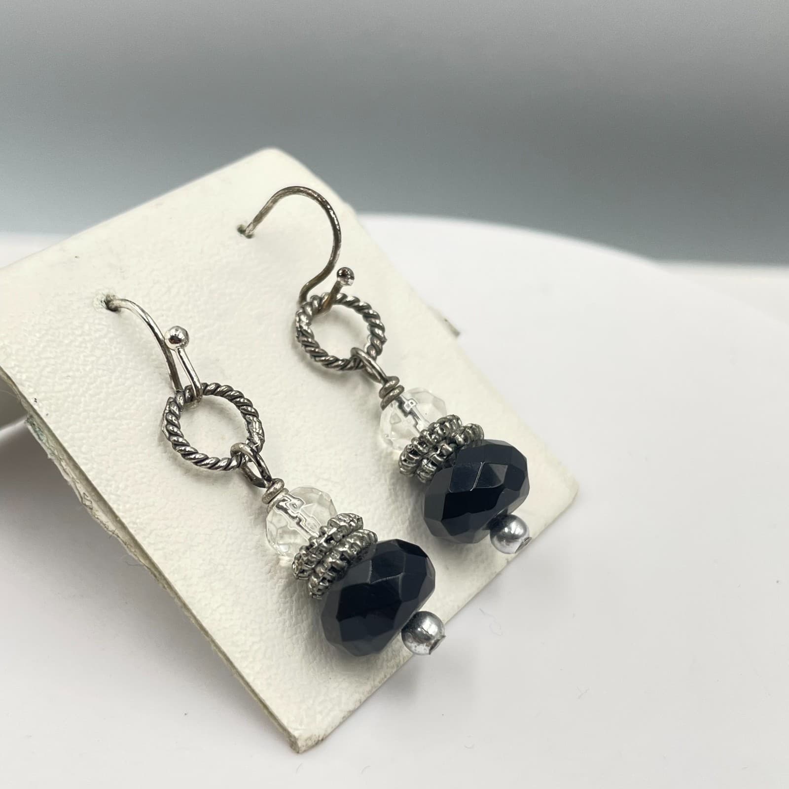 Vintage Silver-Tone Faceted Glass Beads Dangle Drop Hoops French Hook Earrings - Thumbnail 3