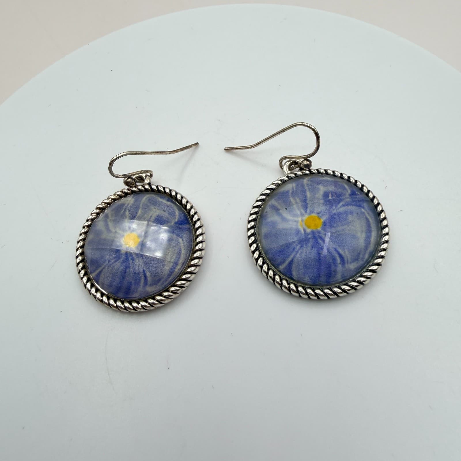 Vintage 90s Silver Tone Blue Flower Glass Cabochon Classic Fashion Jewelry Set - Thumbnail 12