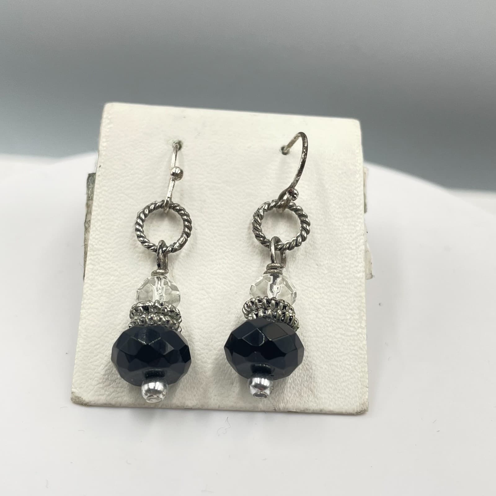 Vintage Silver-Tone Faceted Glass Beads Dangle Drop Hoops French Hook Earrings - Thumbnail 2