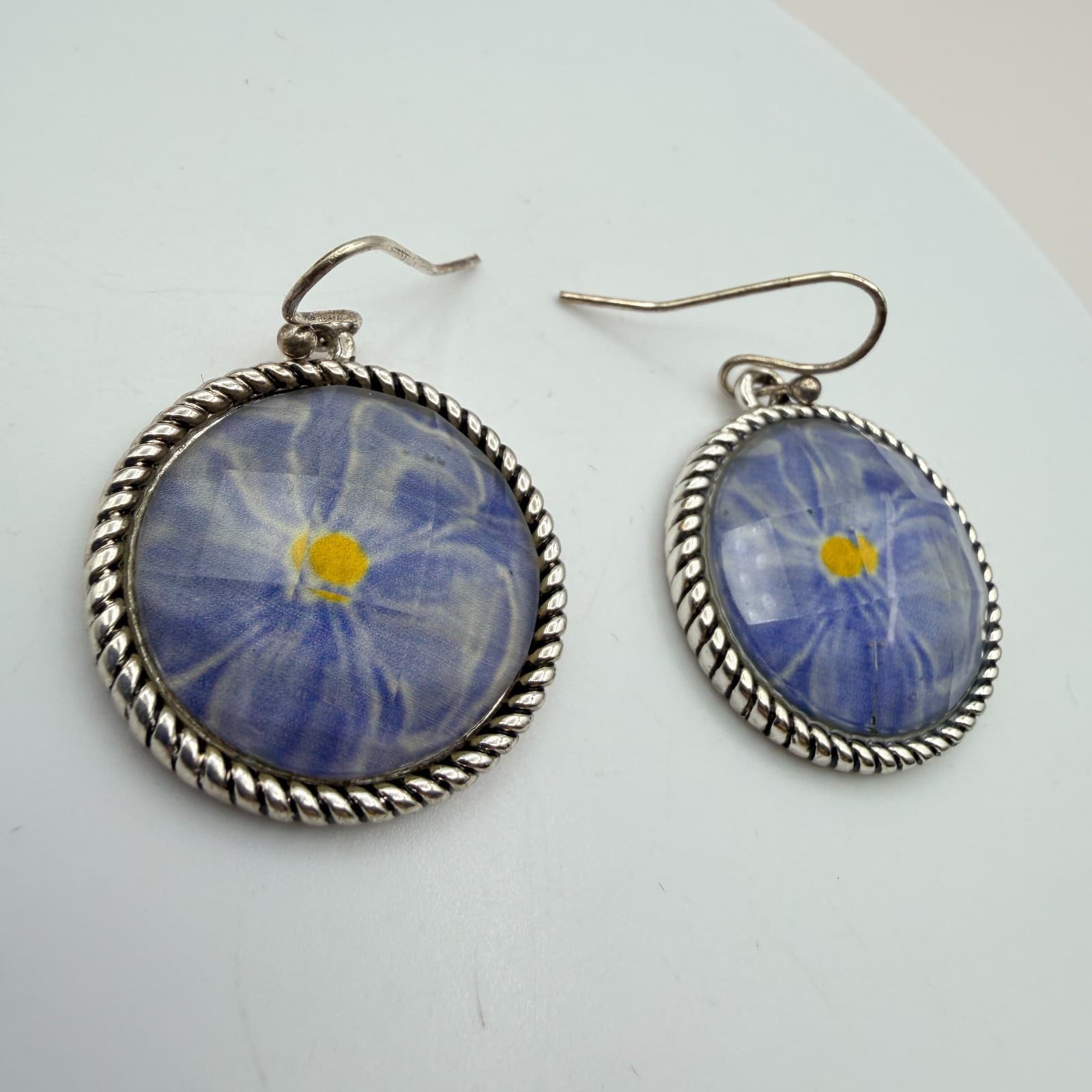 Vintage 90s Silver Tone Blue Flower Glass Cabochon Classic Fashion Jewelry Set - Thumbnail 15