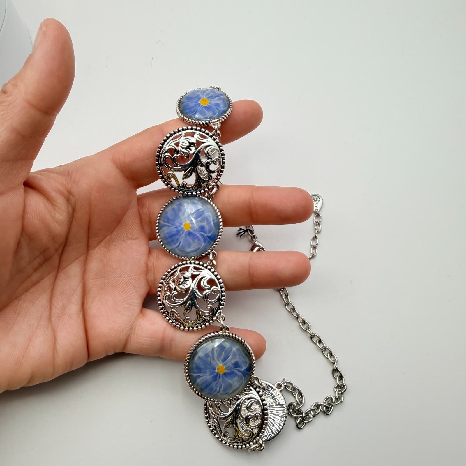 Vintage 90s Silver Tone Blue Flower Glass Cabochon Classic Fashion Jewelry Set - Thumbnail 16