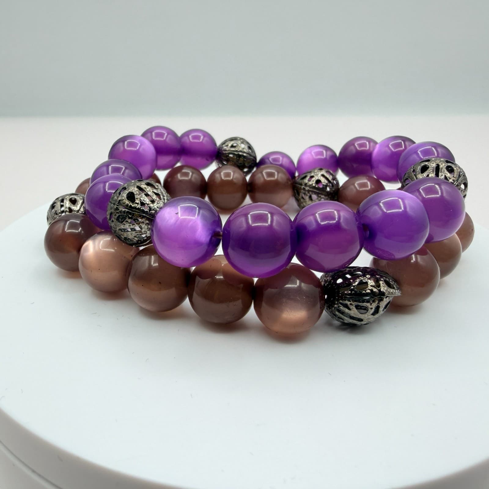 Vintage Y2K Silver Tone Beaded Stretch Bracelet Set Women's Classic Jewelry - Thumbnail 3