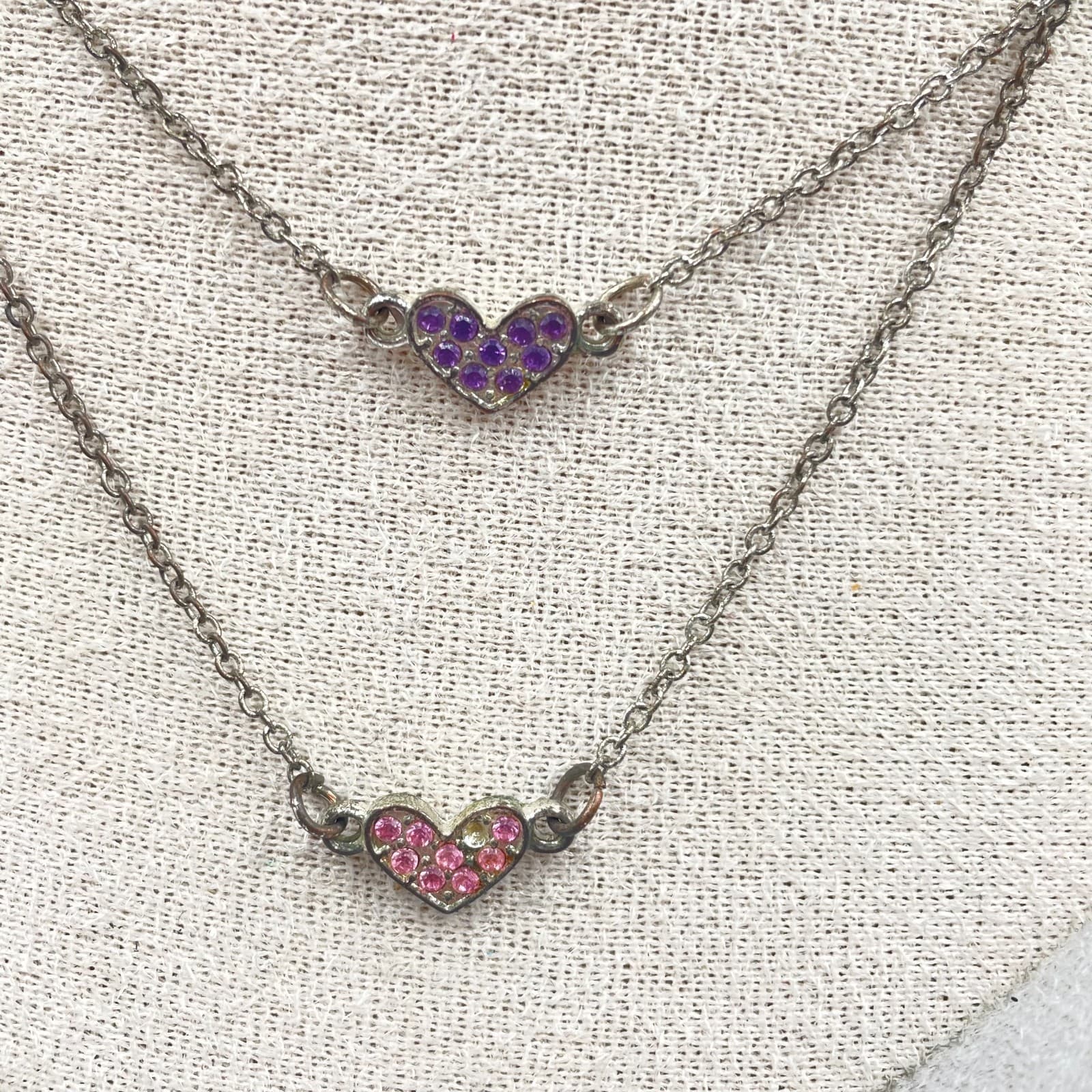 Gold-Tone Chain Double Strand Rhinestone Pave Two Heart Pendant Layer Necklace - Thumbnail 3