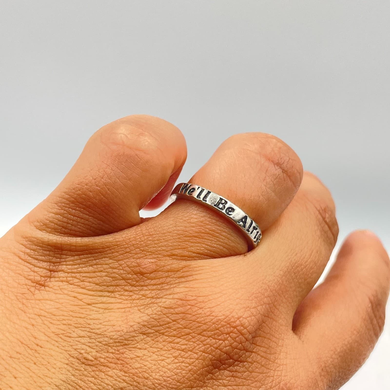 Silver-Tone Engraved Metal "We'll Be Alright" Inscribed "Fine Line" Quote Ring - Thumbnail 3