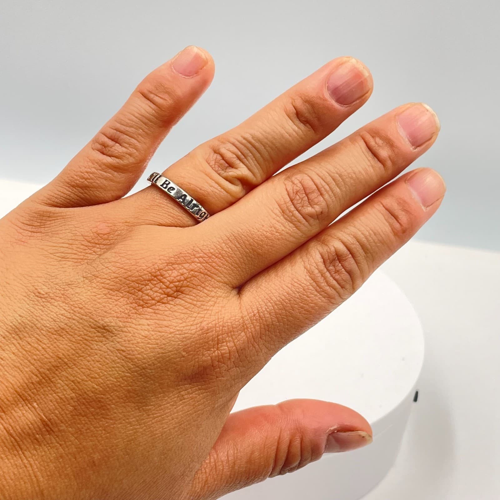 Silver-Tone Engraved Metal "We'll Be Alright" Inscribed "Fine Line" Quote Ring - Thumbnail 6