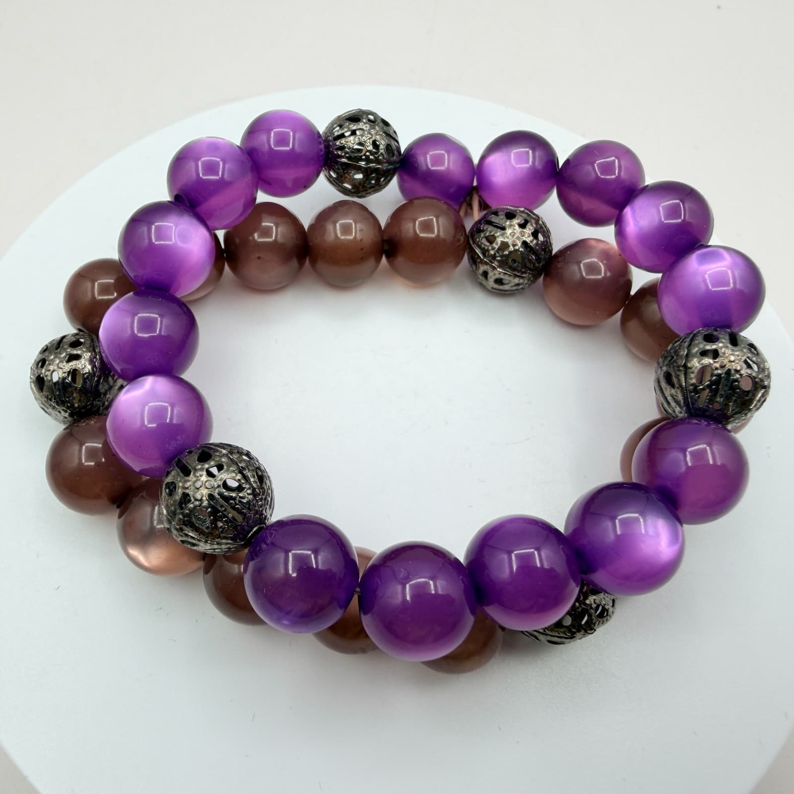 Vintage Y2K Silver Tone Beaded Stretch Bracelet Set Women's Classic Jewelry - Thumbnail 5