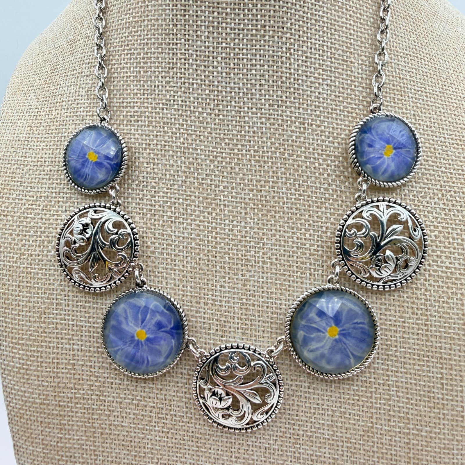 Vintage 90s Silver Tone Blue Flower Glass Cabochon Classic Fashion Jewelry Set - Thumbnail 3