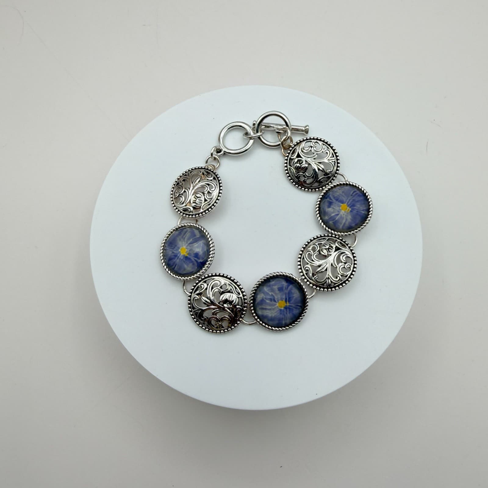 Vintage 90s Silver Tone Blue Flower Glass Cabochon Classic Fashion Jewelry Set - Thumbnail 10
