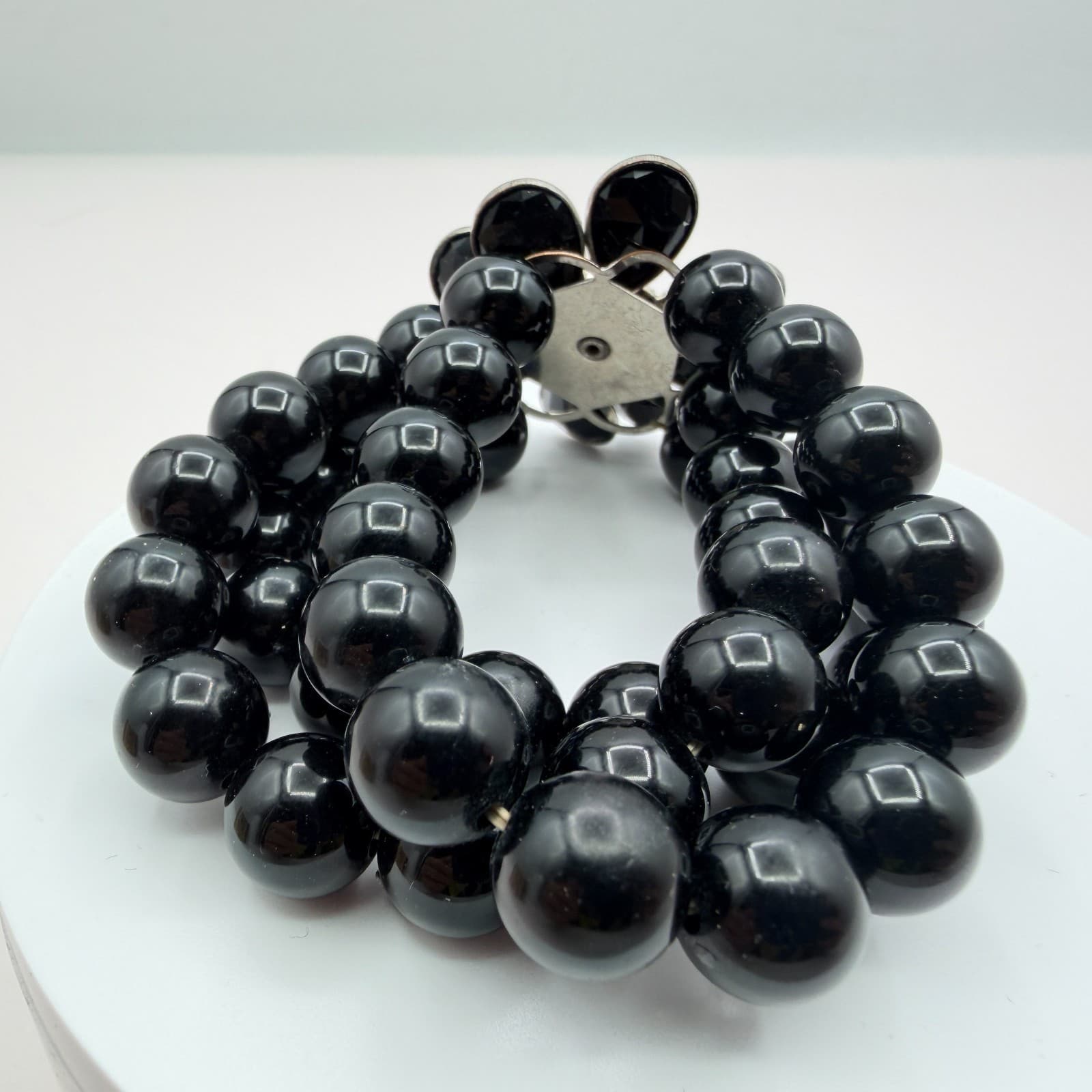 Vintage 90s Black Glass Bead Triple Strand Bracelet Silver Tone Flower Floral - Thumbnail 6