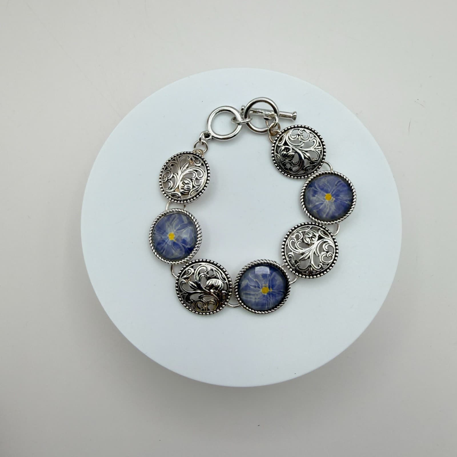 Vintage 90s Silver Tone Blue Flower Glass Cabochon Classic Fashion Jewelry Set - Thumbnail 6
