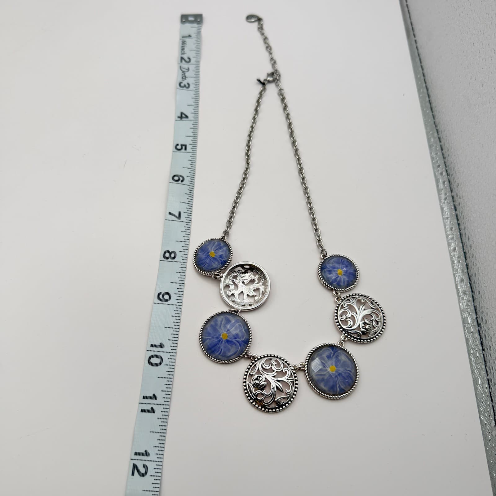 Vintage 90s Silver Tone Blue Flower Glass Cabochon Classic Fashion Jewelry Set - Thumbnail 20