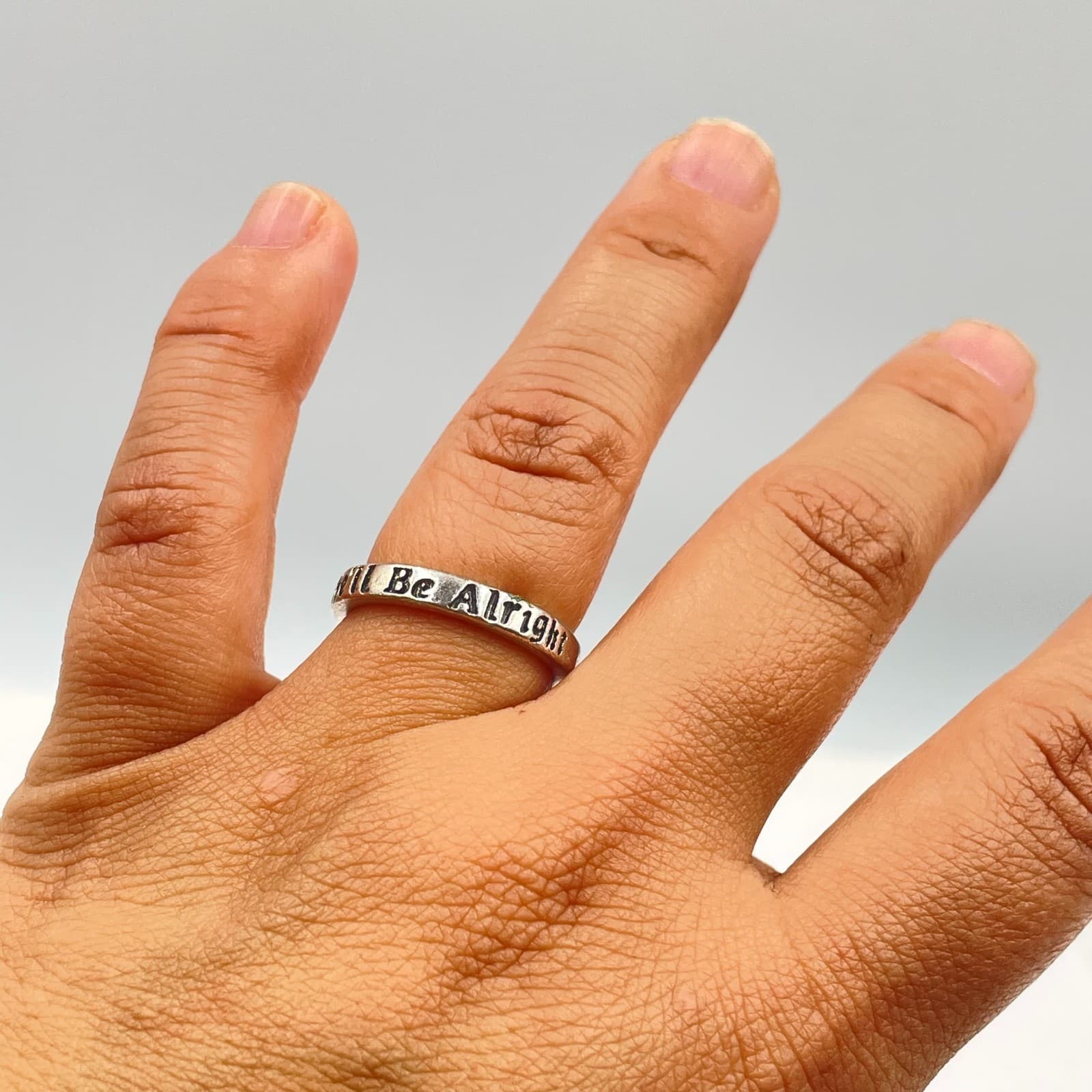 Silver-Tone Engraved Metal "We'll Be Alright" Inscribed "Fine Line" Quote Ring - Thumbnail 4
