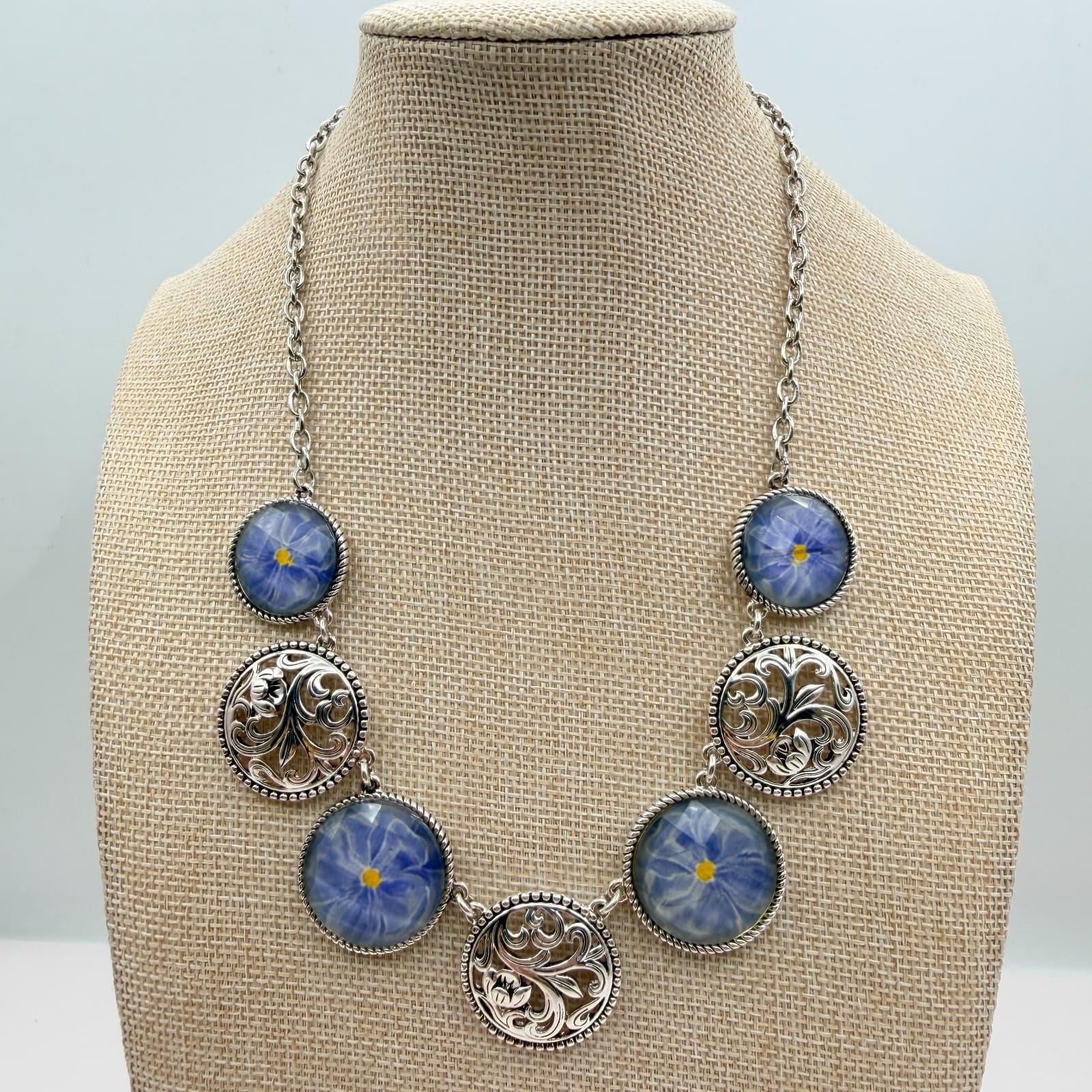 Vintage 90s Silver Tone Blue Flower Glass Cabochon Classic Fashion Jewelry Set - Thumbnail 4