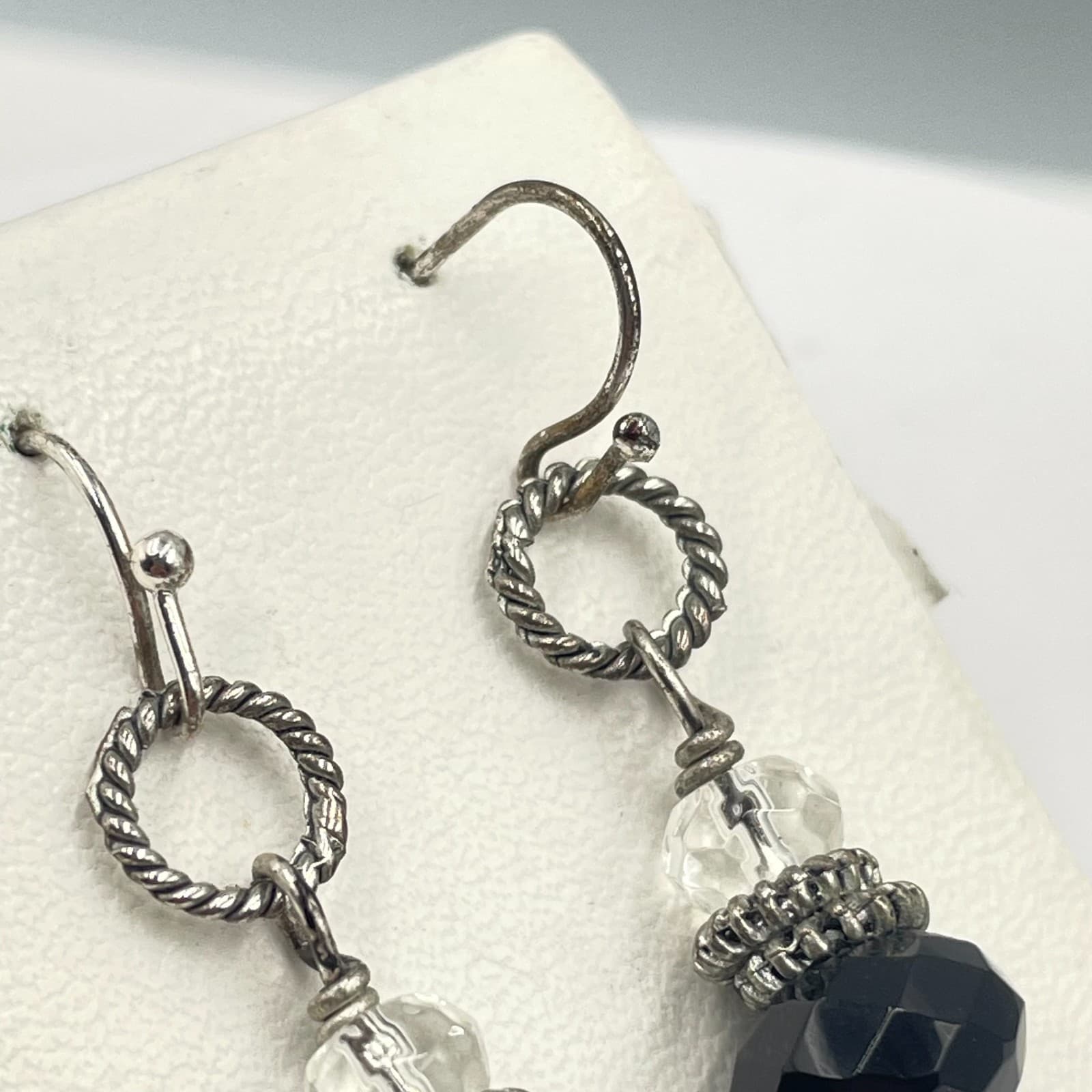 Vintage Silver-Tone Faceted Glass Beads Dangle Drop Hoops French Hook Earrings - Thumbnail 4