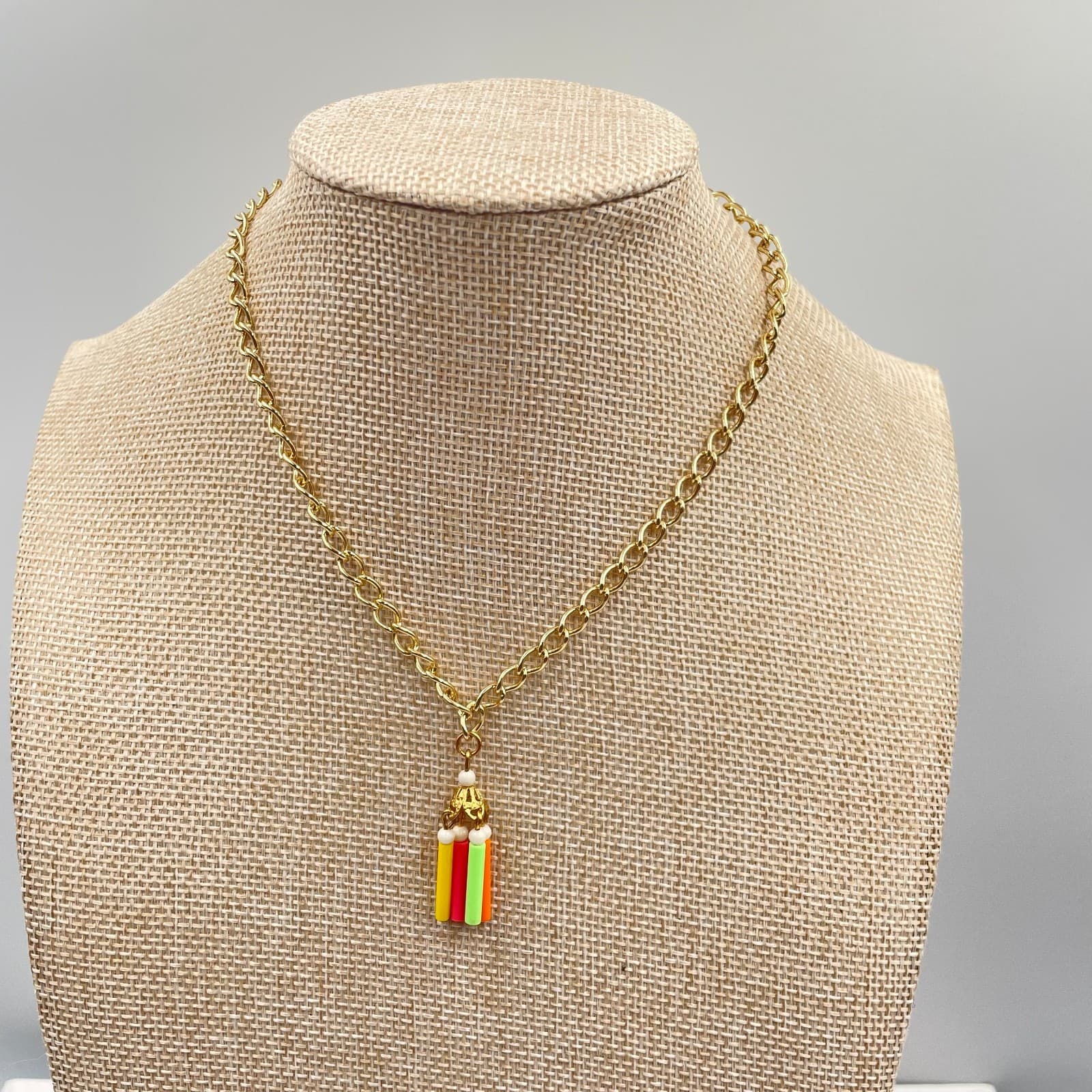 Vintage Bohemian Gold-Tone Chain Neon-Colored Tassels Charm Pendant Necklace - Image 1