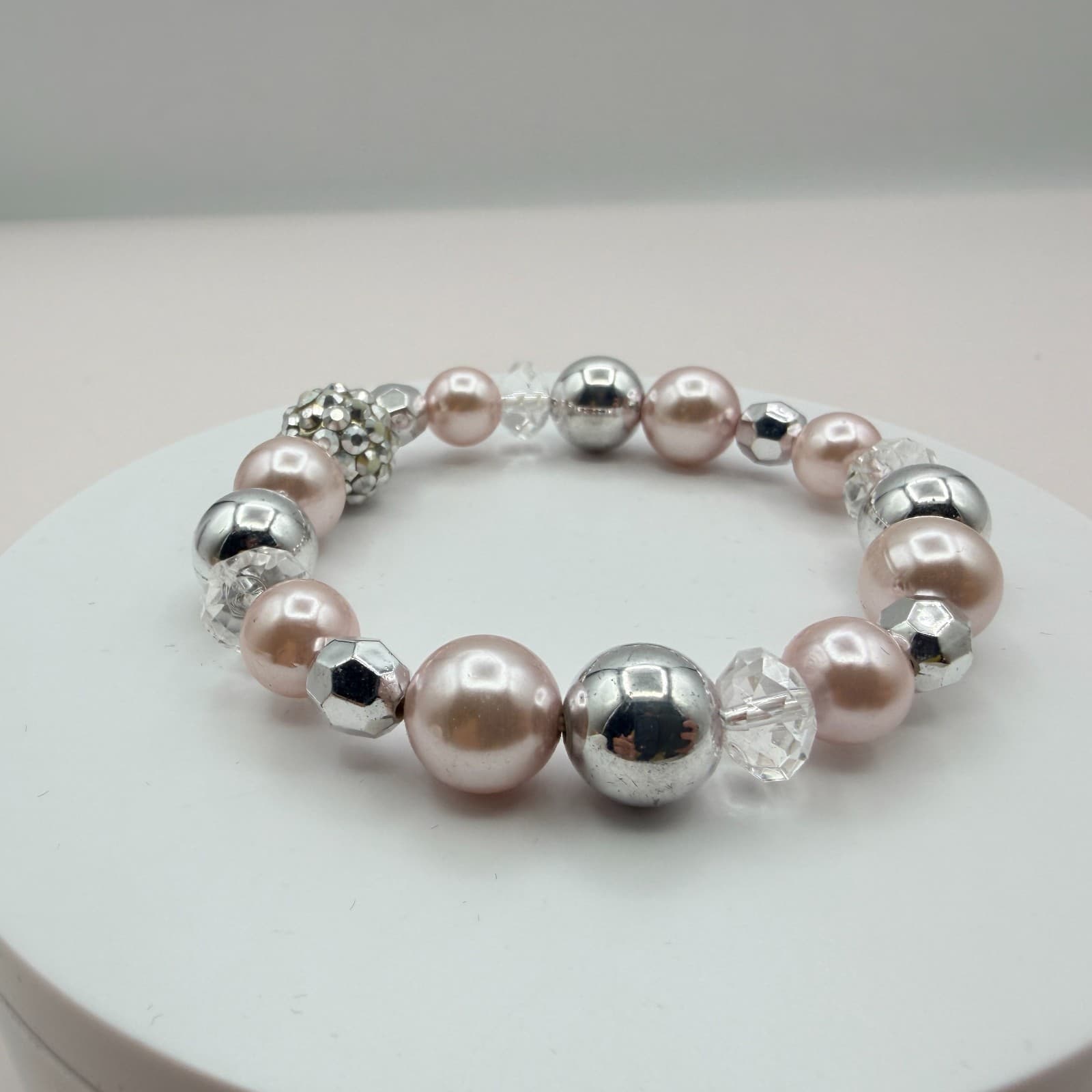 Vintage 90s Silver Tone Pink Faux Pearl Beaded Stretch Bracelet Women's Jewelry - Thumbnail 4