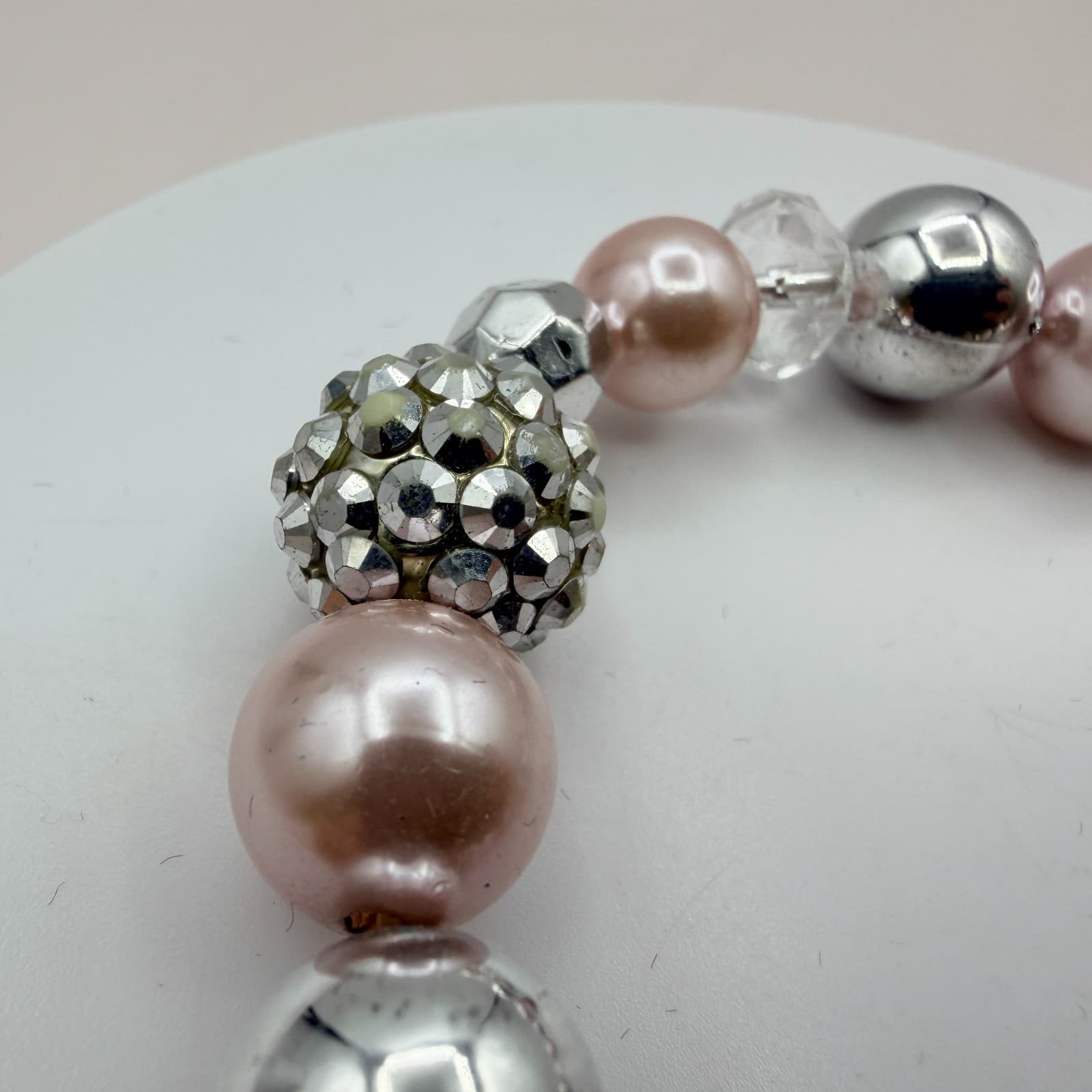 Vintage 90s Silver Tone Pink Faux Pearl Beaded Stretch Bracelet Women's Jewelry - Thumbnail 6