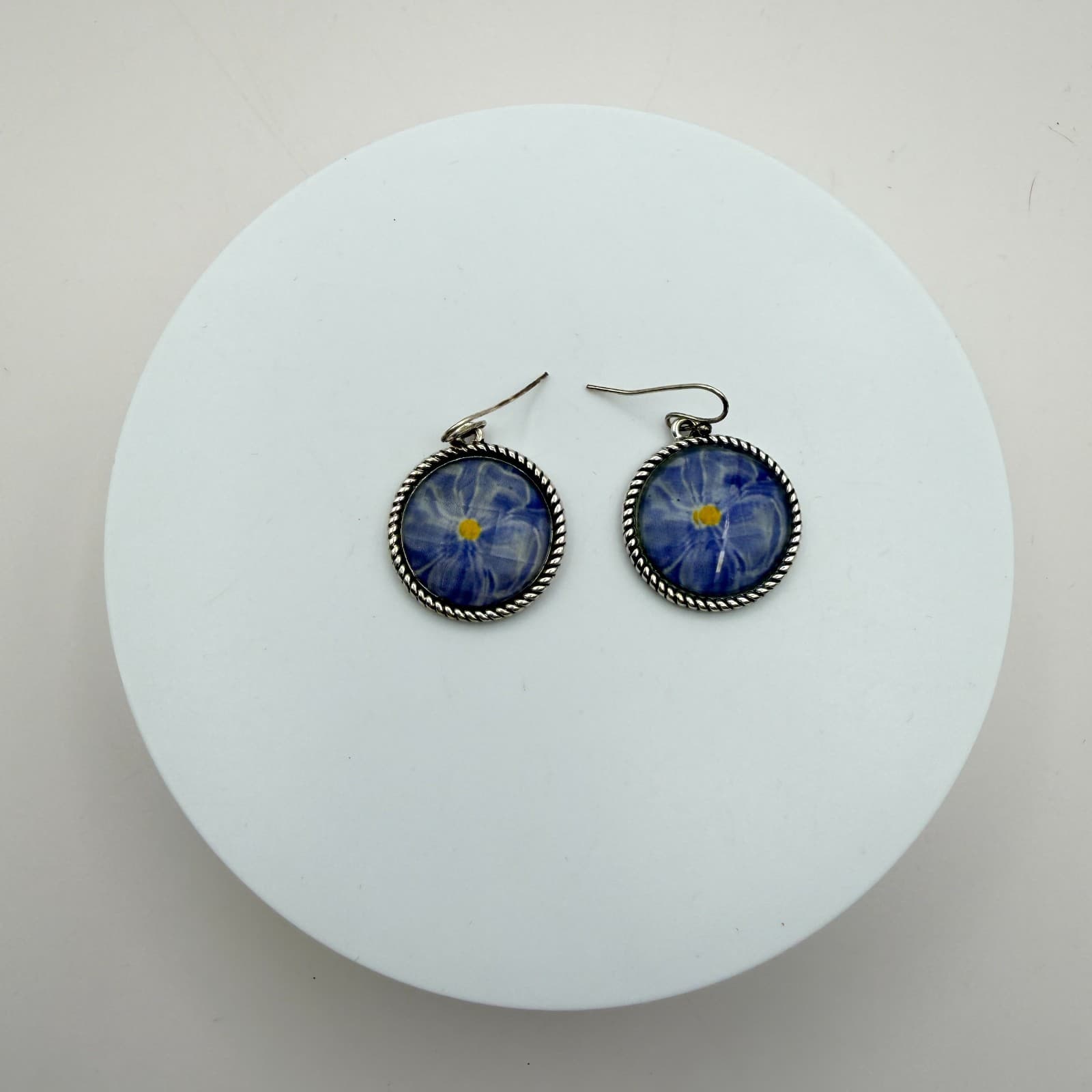 Vintage 90s Silver Tone Blue Flower Glass Cabochon Classic Fashion Jewelry Set - Thumbnail 13