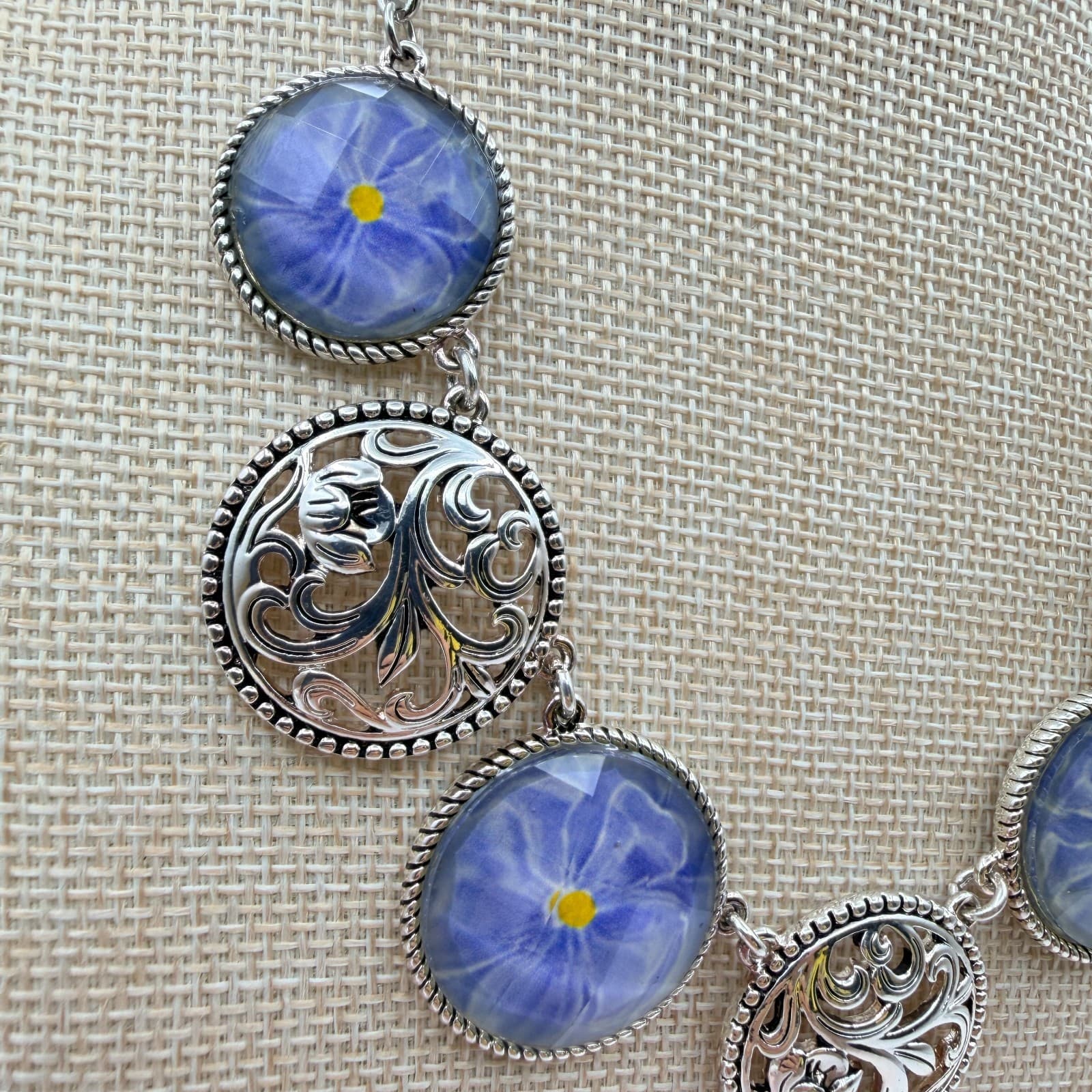 Vintage 90s Silver Tone Blue Flower Glass Cabochon Classic Fashion Jewelry Set - Thumbnail 5