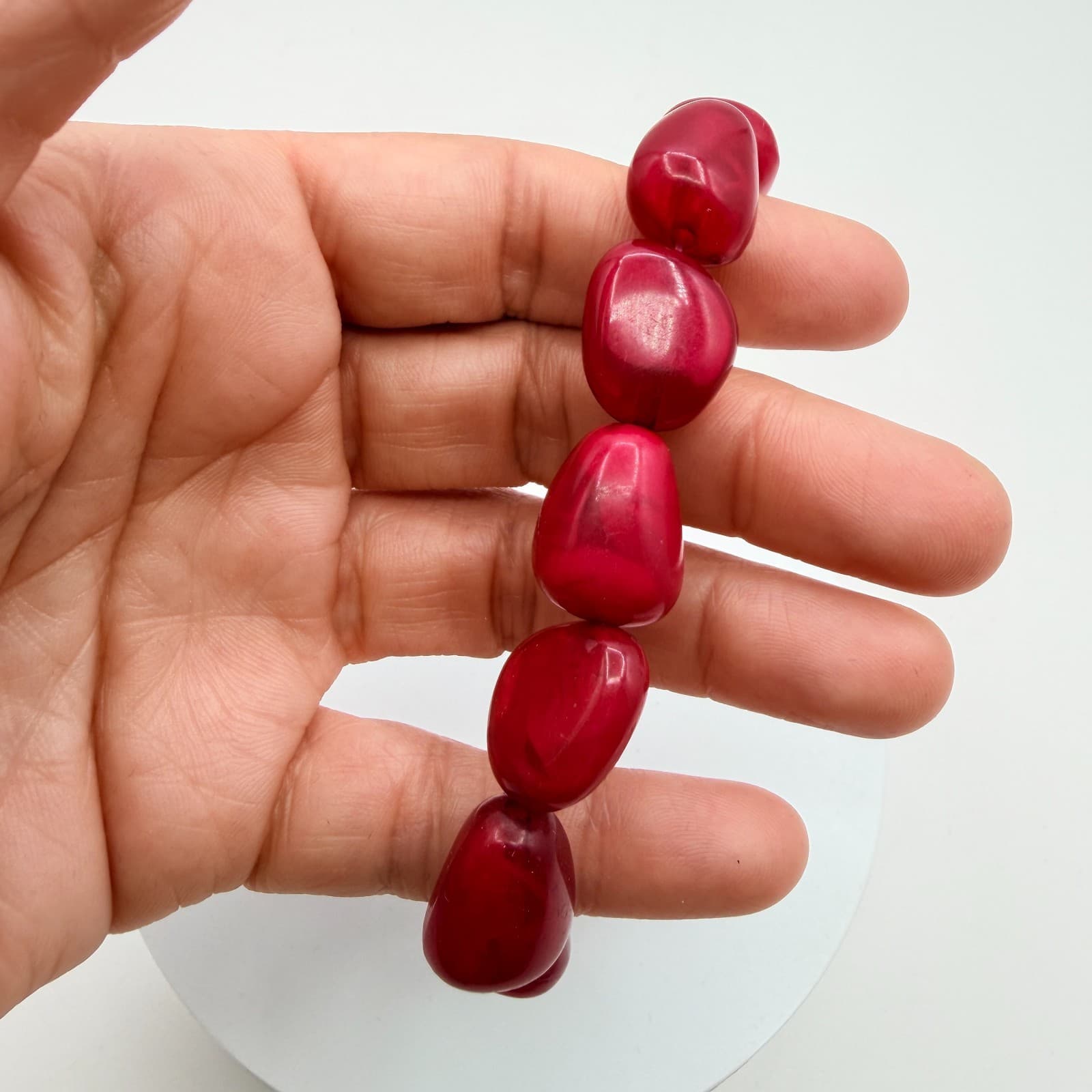 Vintage 90s Red Glass Nugget Bracelet Bold Chunky Statement Boho Fashion Jewelry - Thumbnail 7