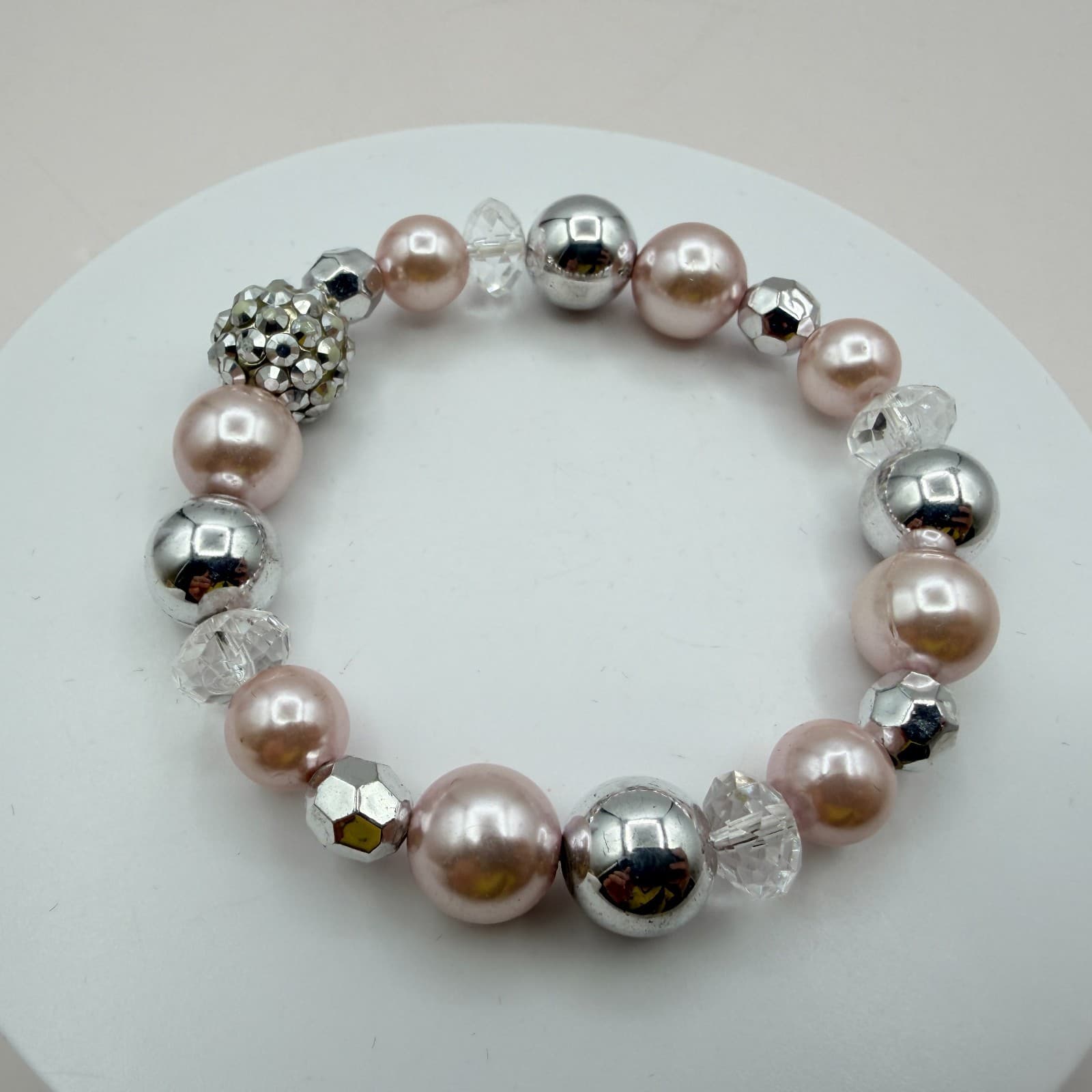 Vintage 90s Silver Tone Pink Faux Pearl Beaded Stretch Bracelet Women's Jewelry - Thumbnail 3
