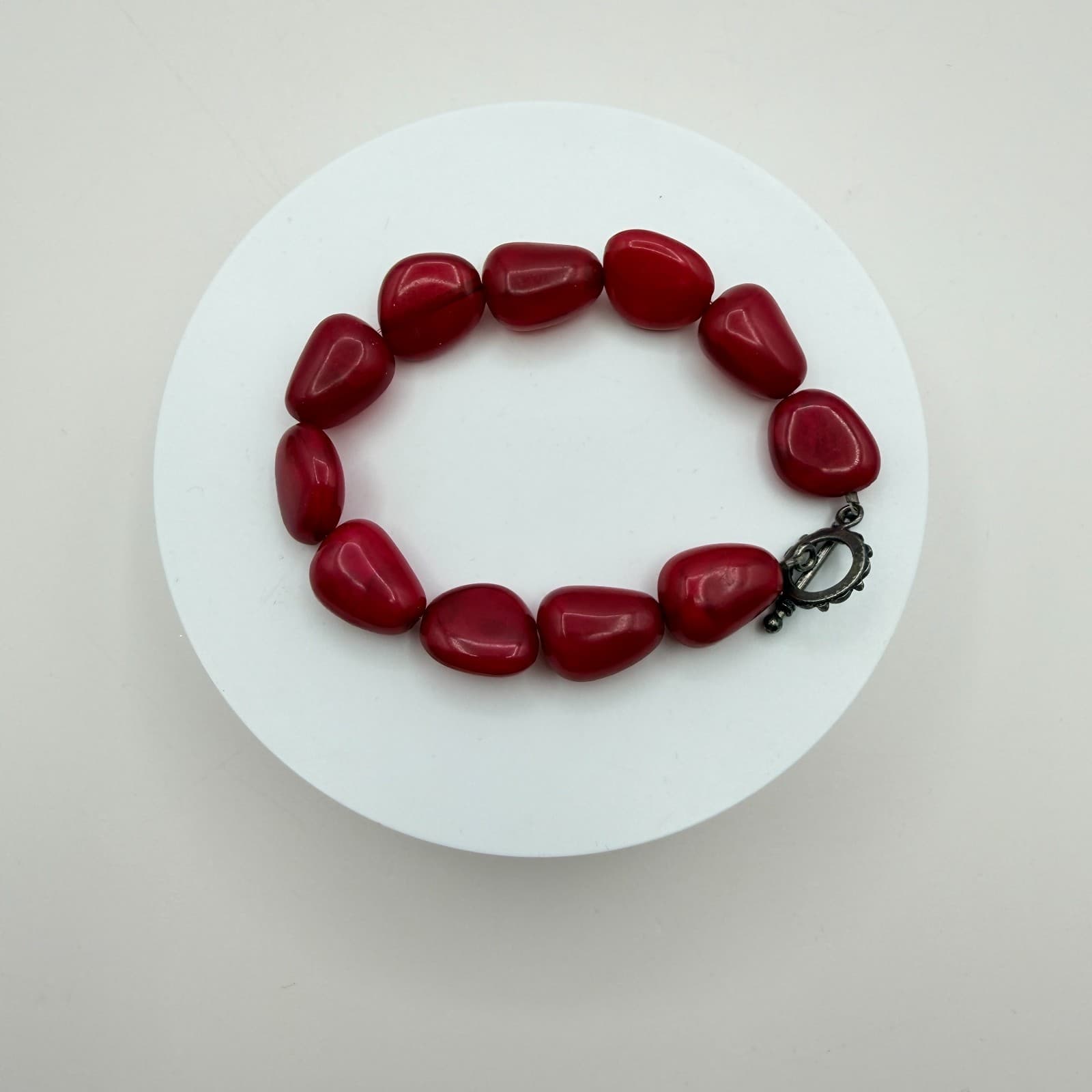 Vintage 90s Red Glass Nugget Bracelet Bold Chunky Statement Boho Fashion Jewelry - Thumbnail 4