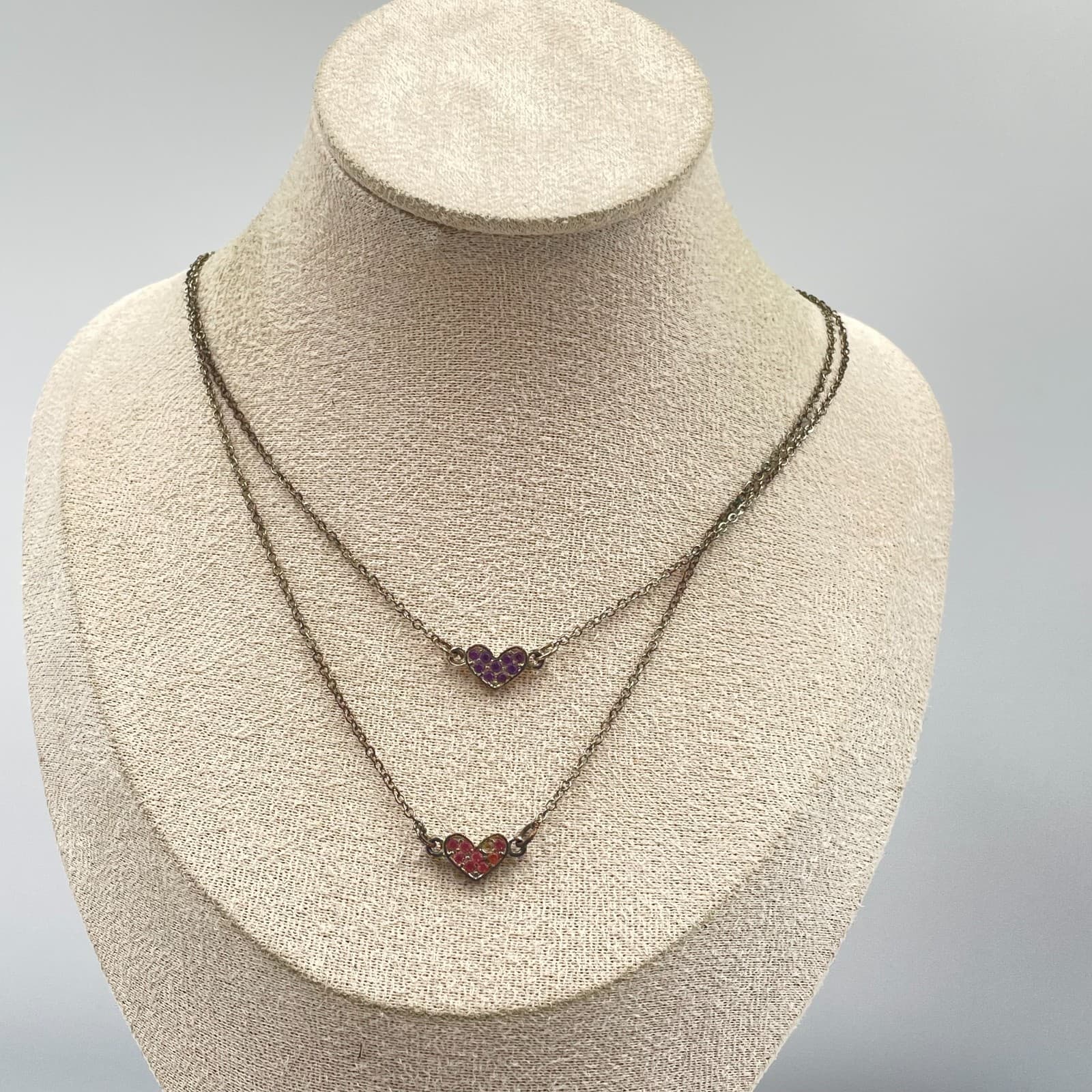 Gold-Tone Chain Double Strand Rhinestone Pave Two Heart Pendant Layer Necklace - Thumbnail 4