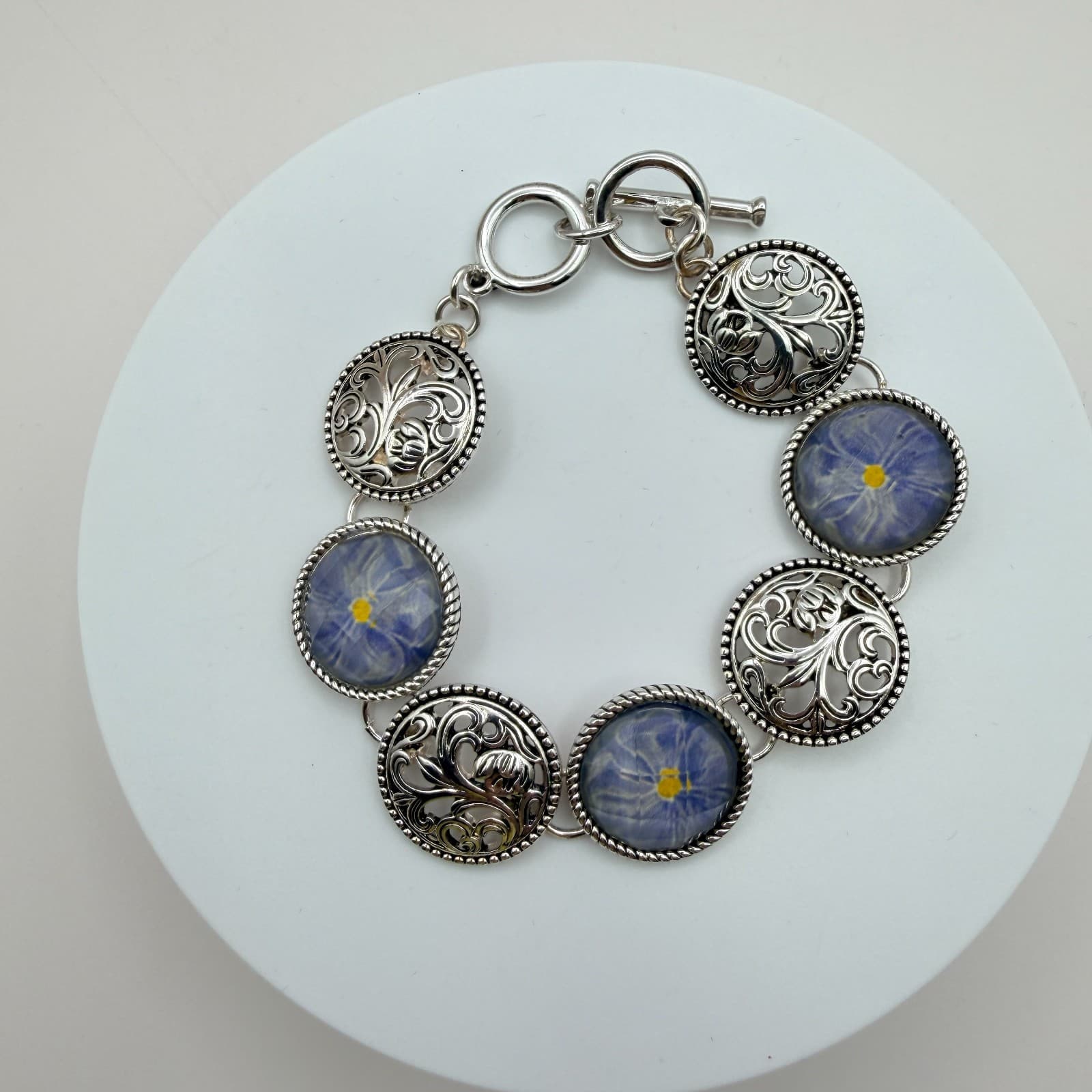 Vintage 90s Silver Tone Blue Flower Glass Cabochon Classic Fashion Jewelry Set - Thumbnail 7