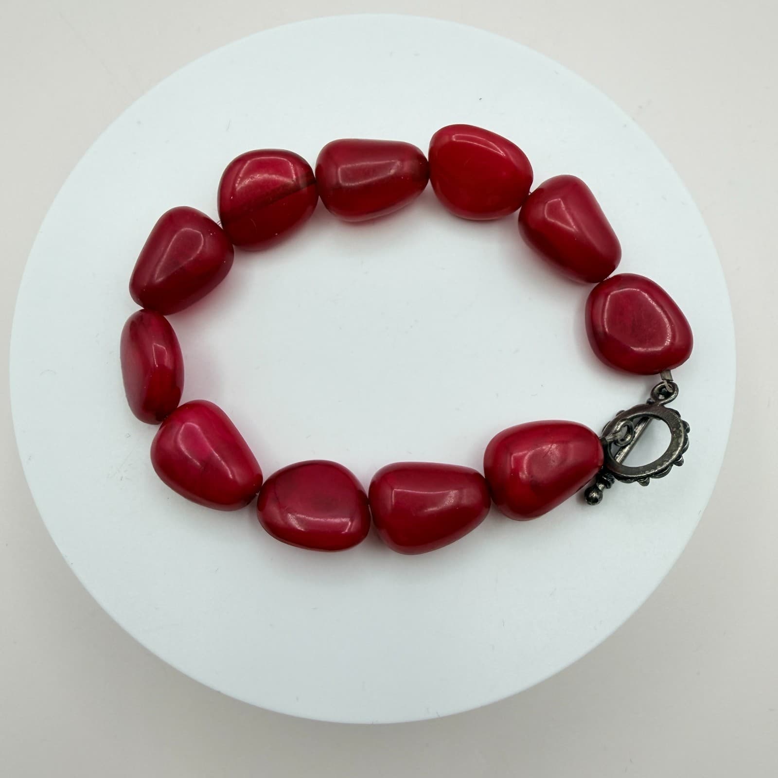 Vintage 90s Red Glass Nugget Bracelet Bold Chunky Statement Boho Fashion Jewelry - Thumbnail 2