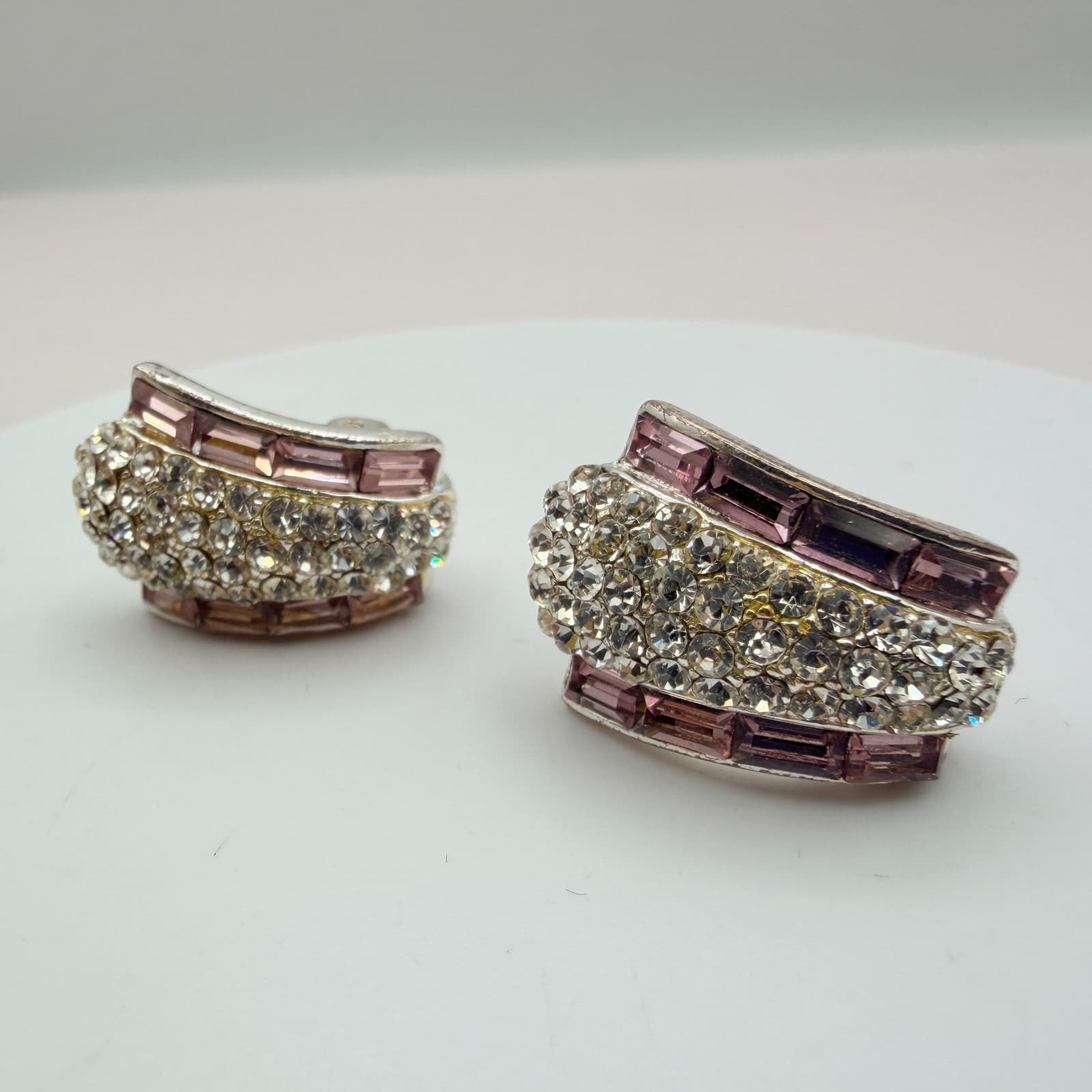 Vintage 90s Silver Tone Glass Rhinestone Earrings Set Women's Fashion Jewelry - Thumbnail 6