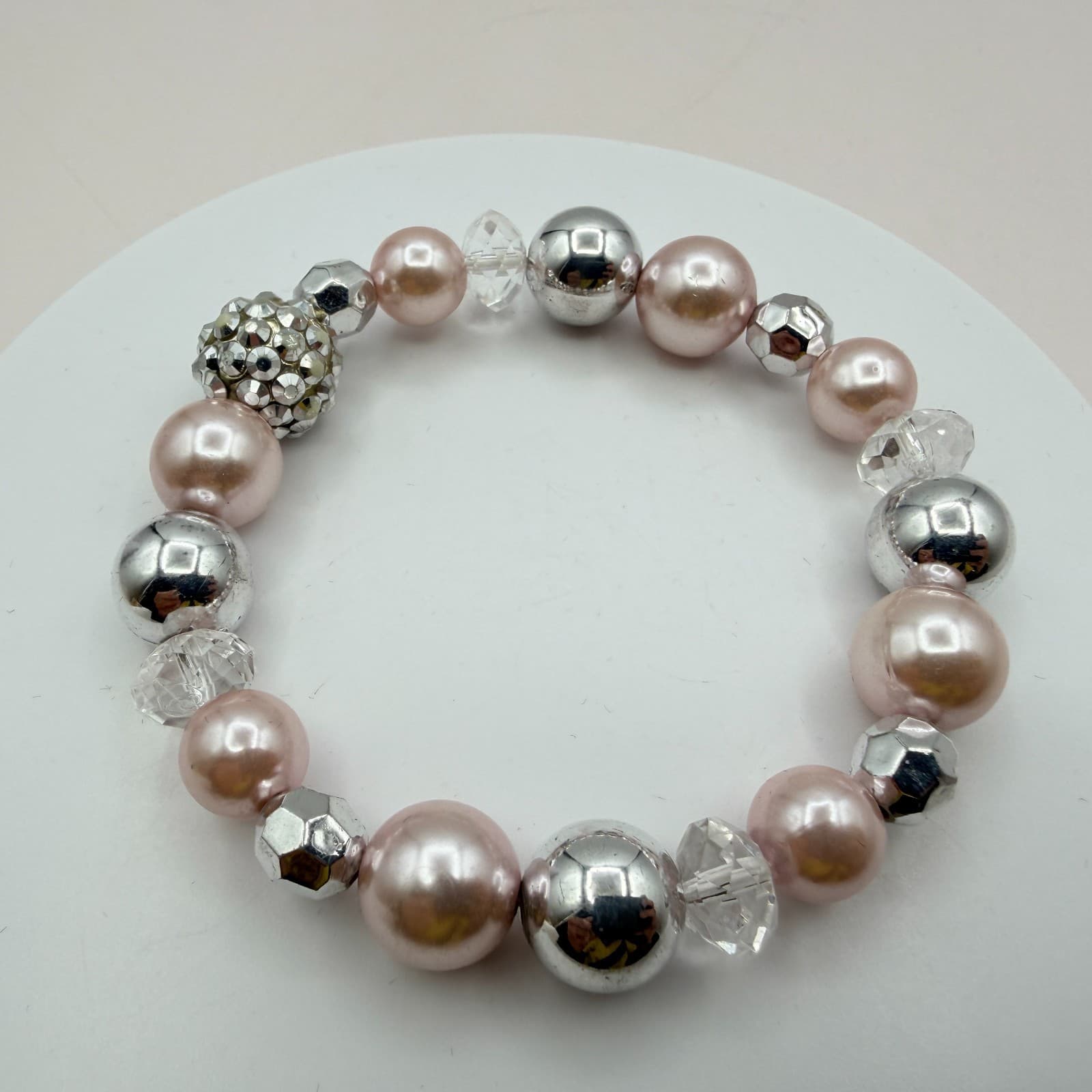 Vintage 90s Silver Tone Pink Faux Pearl Beaded Stretch Bracelet Women's Jewelry - Thumbnail 5