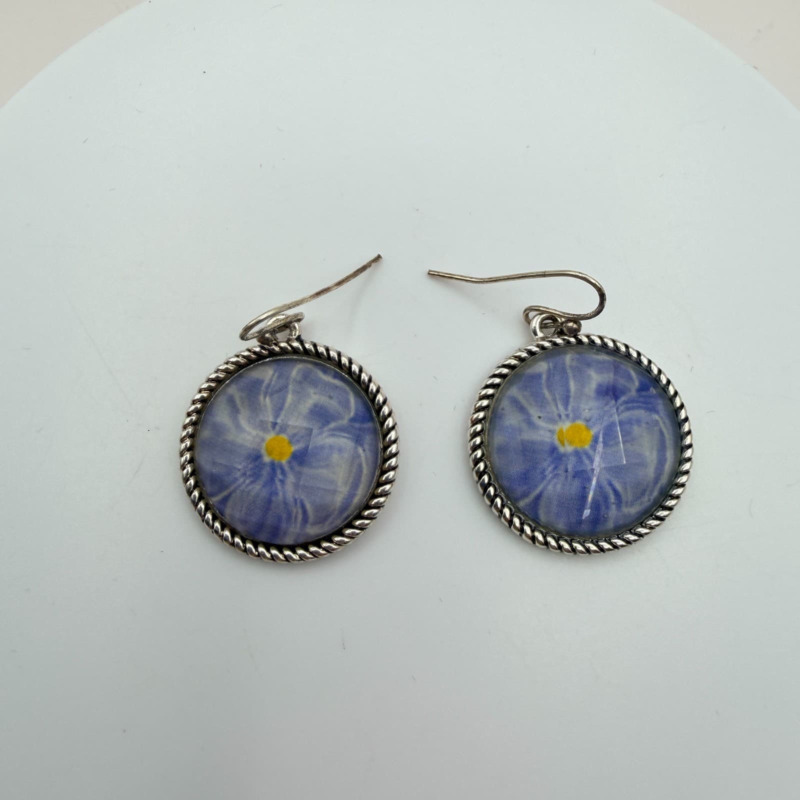 Vintage 90s Silver Tone Blue Flower Glass Cabochon Classic Fashion Jewelry Set - Thumbnail 14
