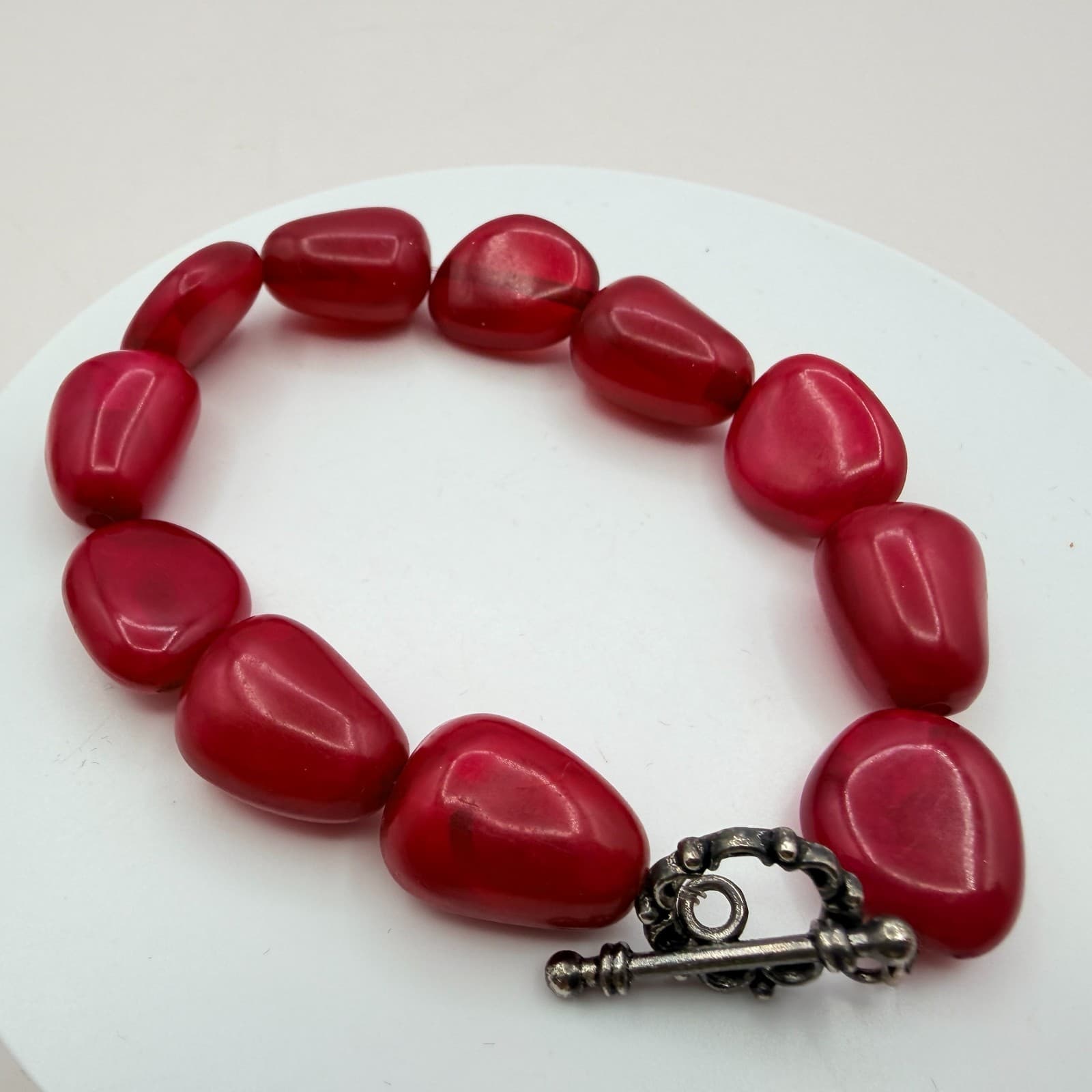 Vintage 90s Red Glass Nugget Bracelet Bold Chunky Statement Boho Fashion Jewelry - Image 1