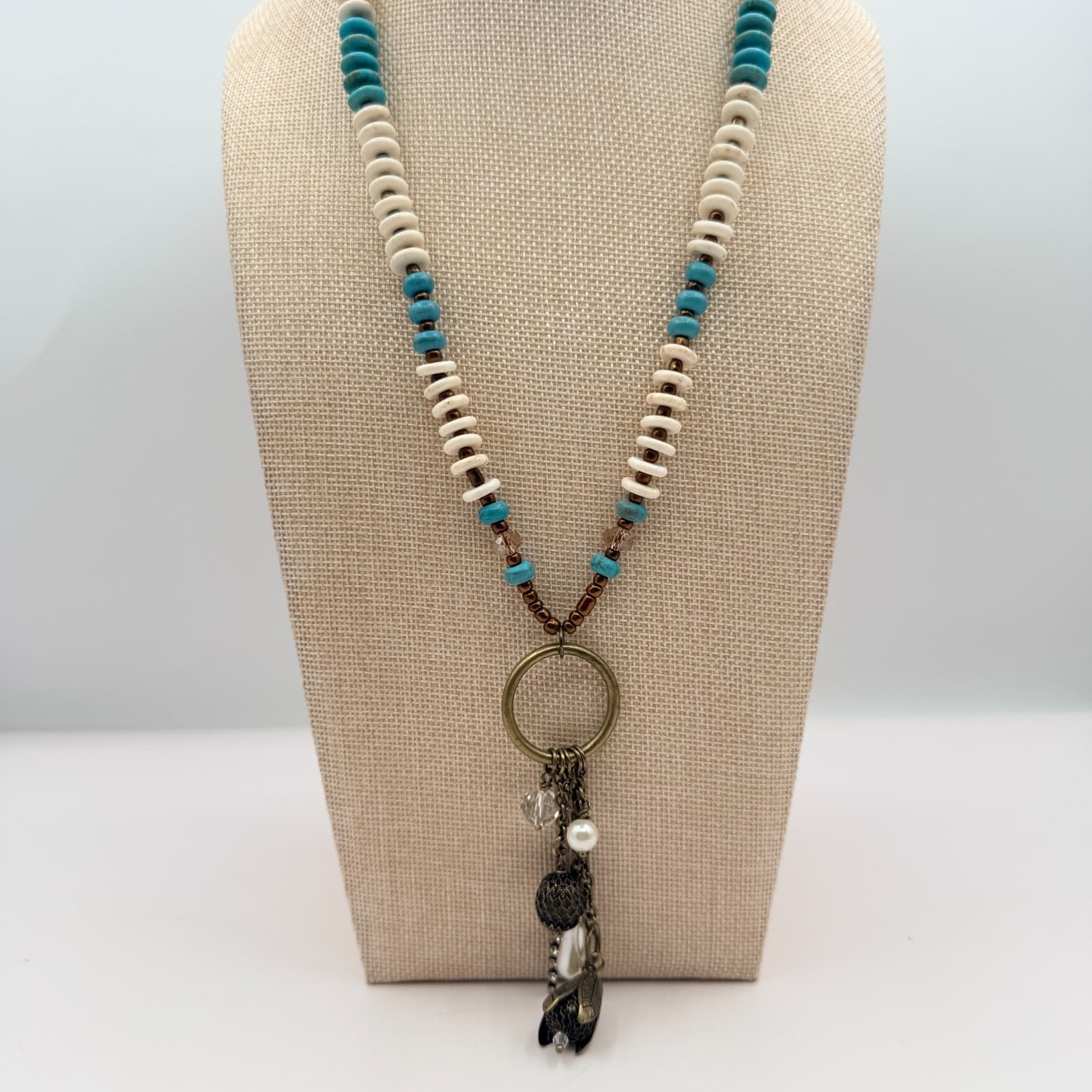 Vintage Y2K Bronze Tone Beaded Charm Pendant Boho Necklace Women's Jewelry - Thumbnail 2