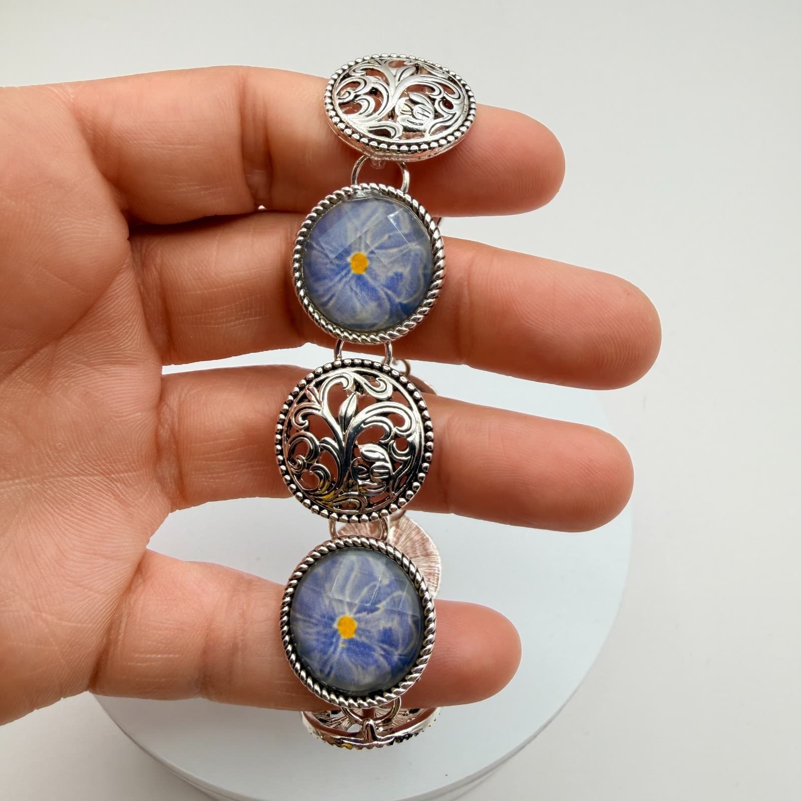 Vintage 90s Silver Tone Blue Flower Glass Cabochon Classic Fashion Jewelry Set - Thumbnail 17