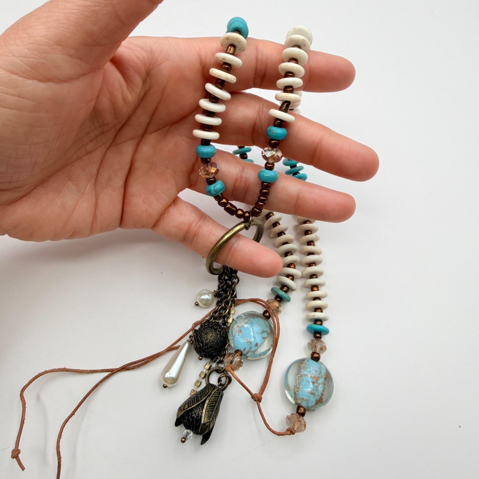 Vintage Y2K Bronze Tone Beaded Charm Pendant Boho Necklace Women's Jewelry - Thumbnail 8