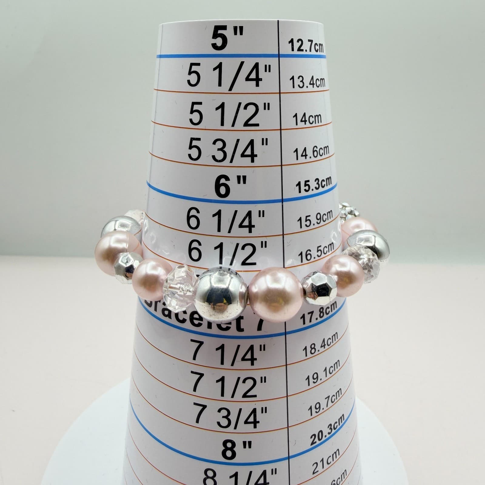 Vintage 90s Silver Tone Pink Faux Pearl Beaded Stretch Bracelet Women's Jewelry - Thumbnail 8